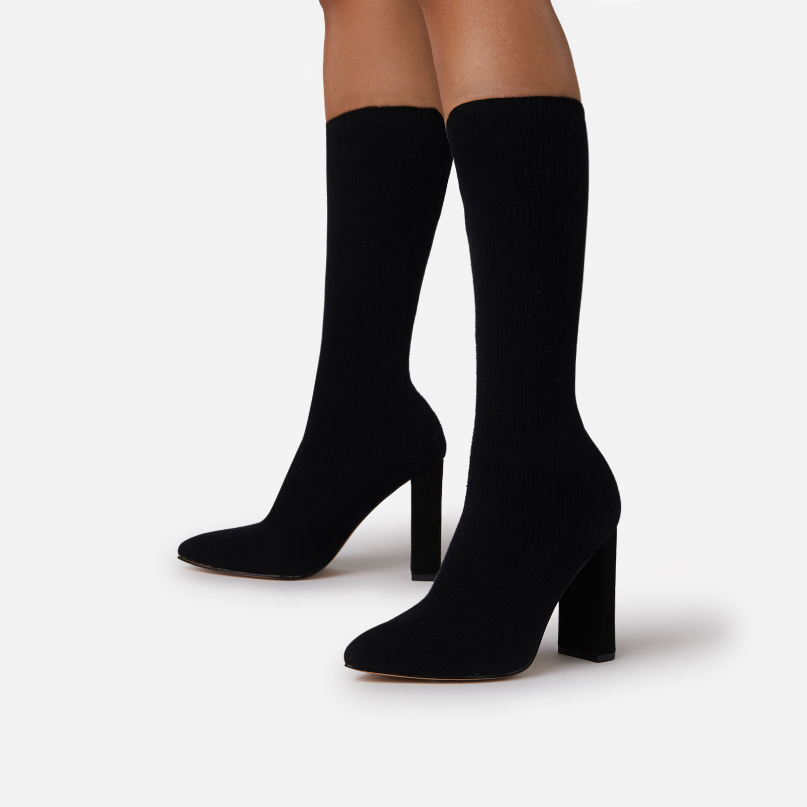 Isobel Pointed Toe Block Heel Ankle Sock Boot In Black Knit, Black (EGO SHOES)