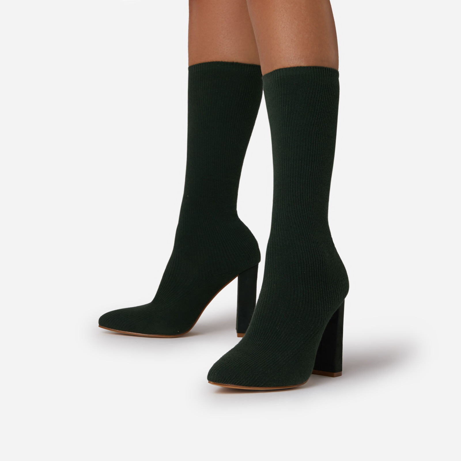 Isobel Pointed Toe Block Heel Ankle Sock Boot In Green Knit, Green (EGO SHOES)