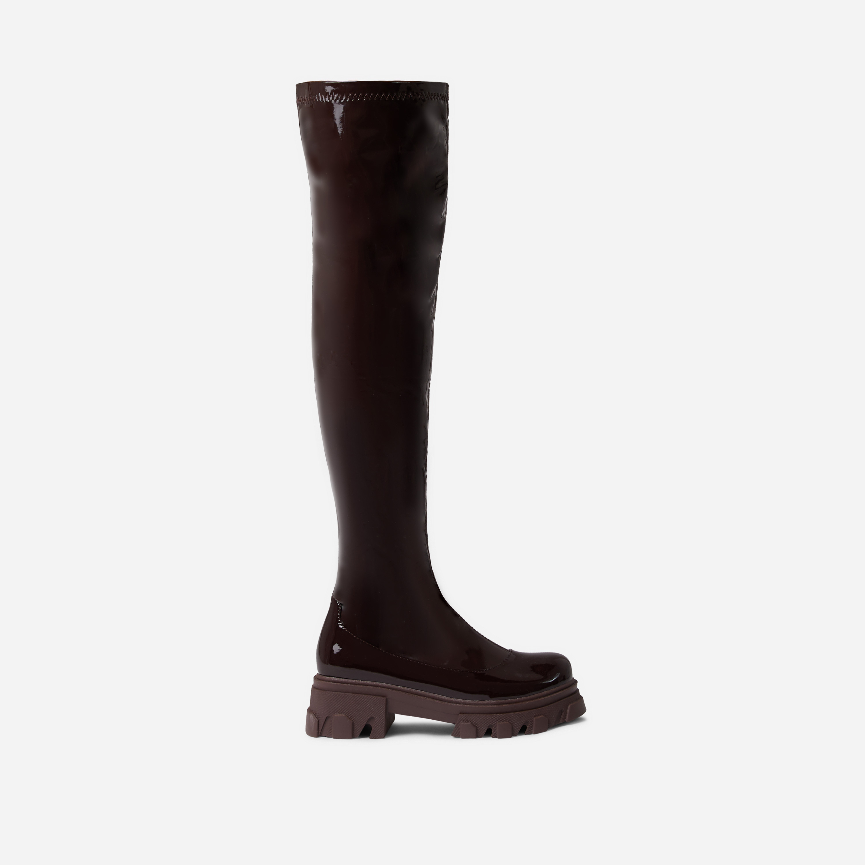 Persevere Chunky Sole Over The Knee Thigh High Long Boot In Dark Brown Patent, Brown (EGO SHOES)