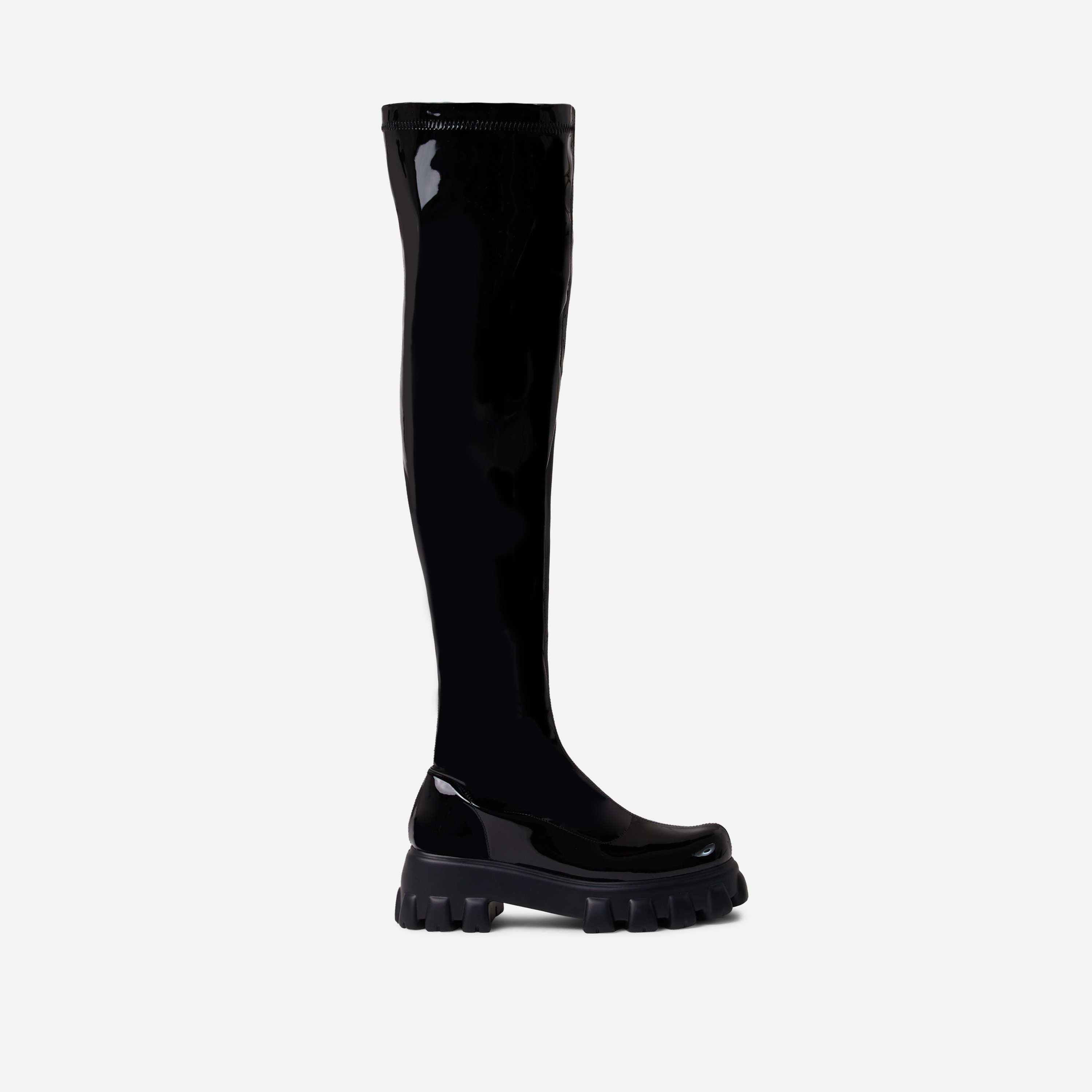 Persevere Chunky Sole Over The Knee Thigh High Long Boot In Black Patent, Black (EGO SHOES)