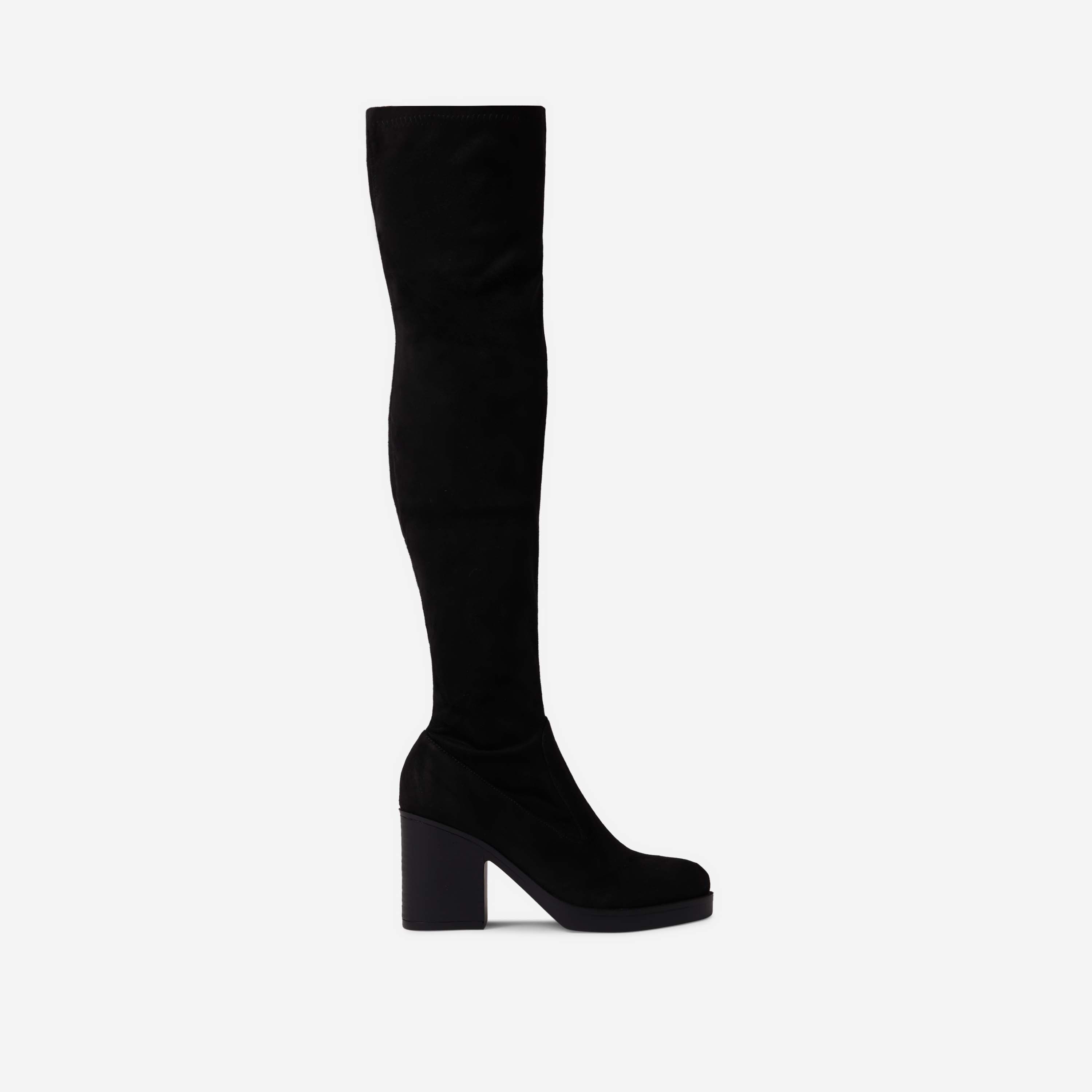 Selby Pointed Toe Block Heel Over The Knee Thigh High Long Boot In Black Faux Suede, Black (EGO SHOES)