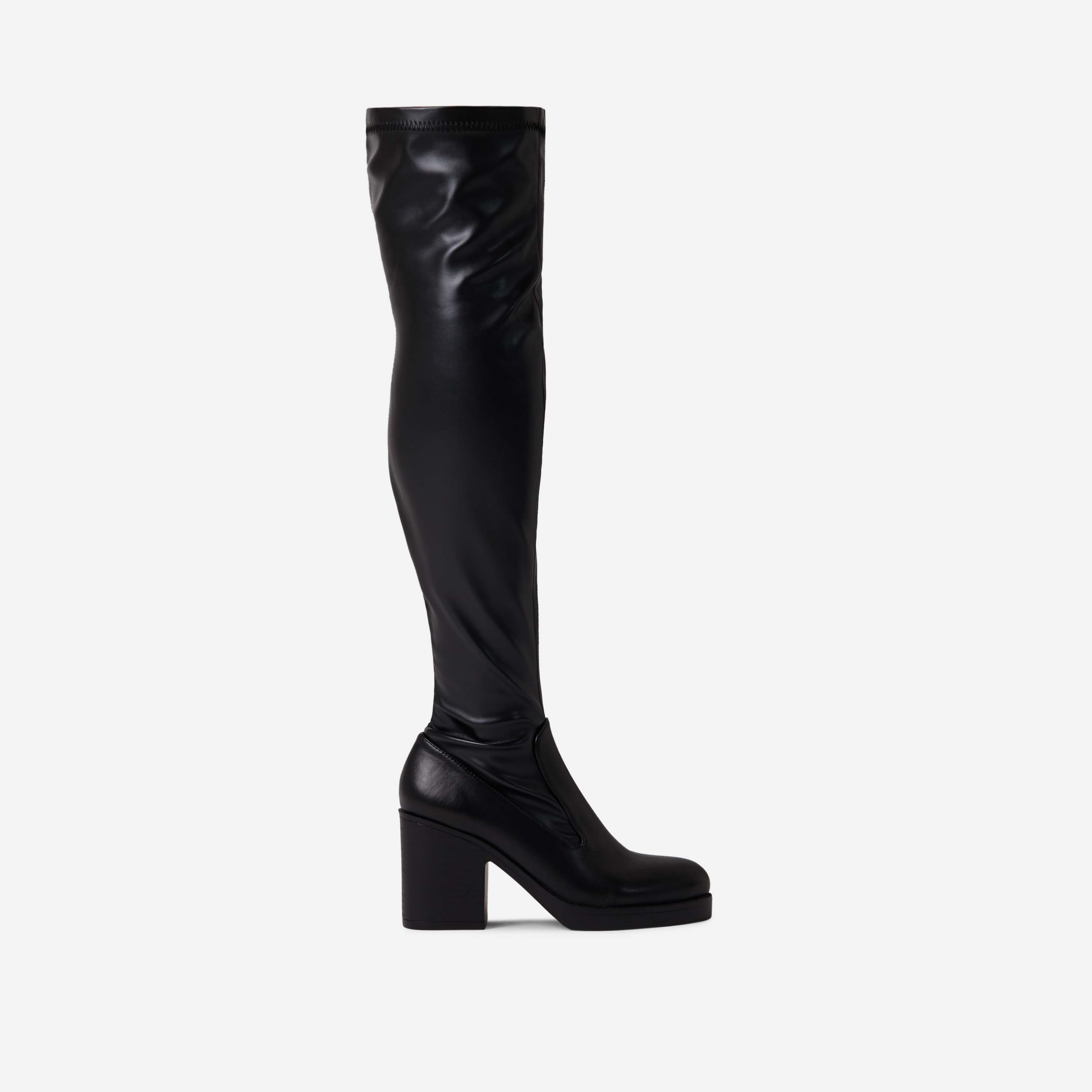 Selby Pointed Toe Block Heel Over The Knee Thigh High Long Boot In Black Faux Leather, Black (EGO SHOES)