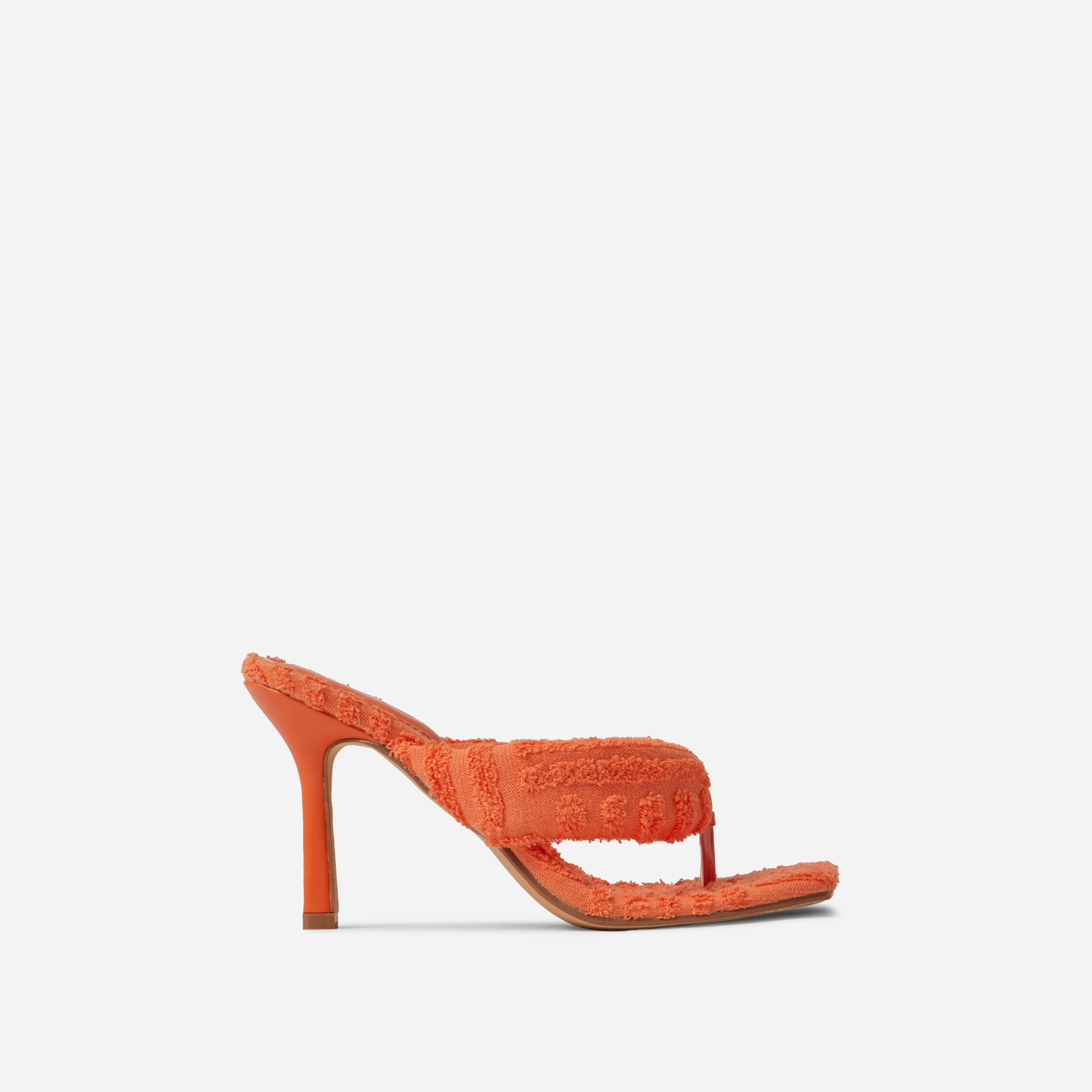 Dee Thong Strap Square Toe Heel Mule In Orange Terry Towel Fabric, Orange (EGO SHOES)