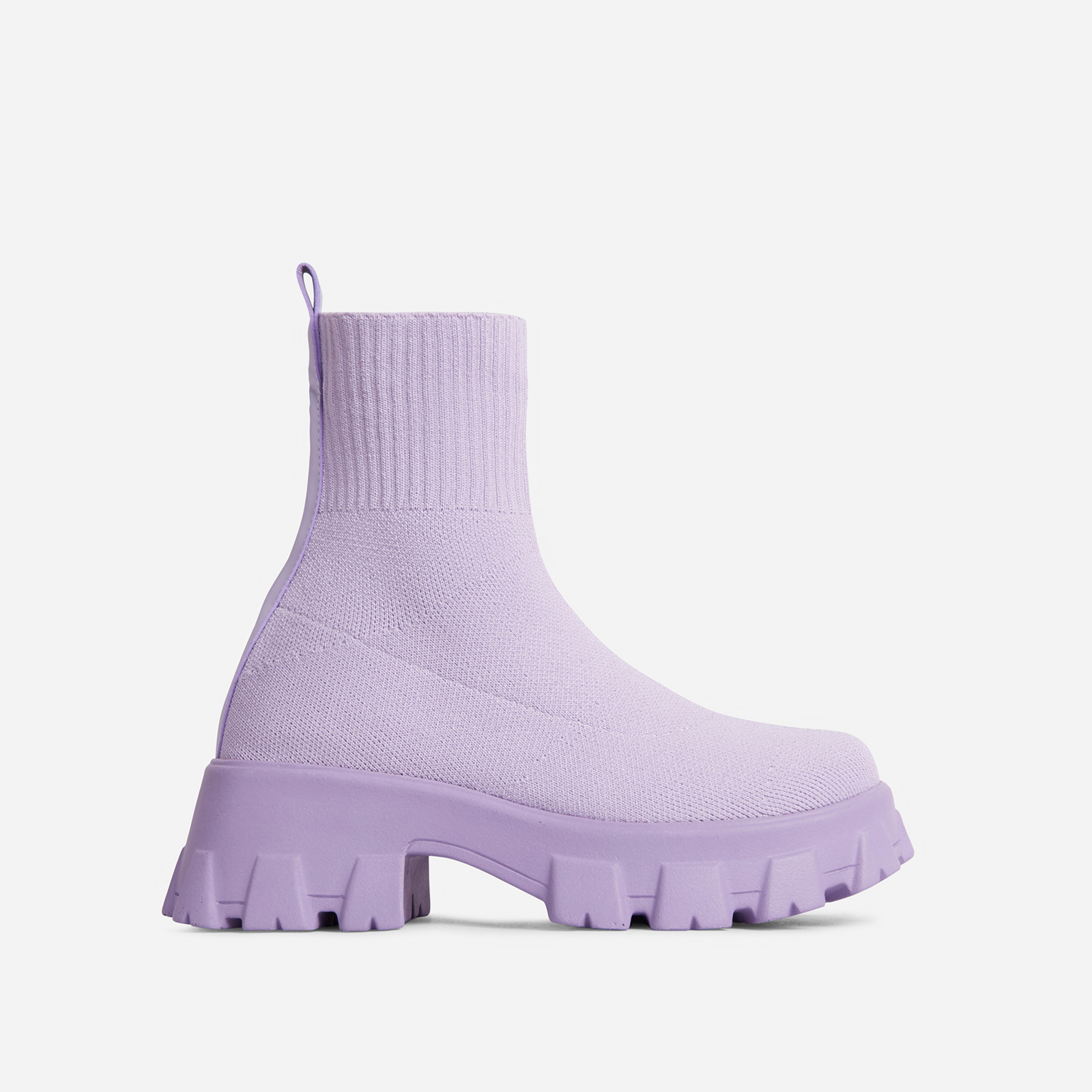 Don't-Trust Chunky Sole Ankle Chelsea Sock Biker Boot In Lilac Knit, Purple (EGO SHOES)