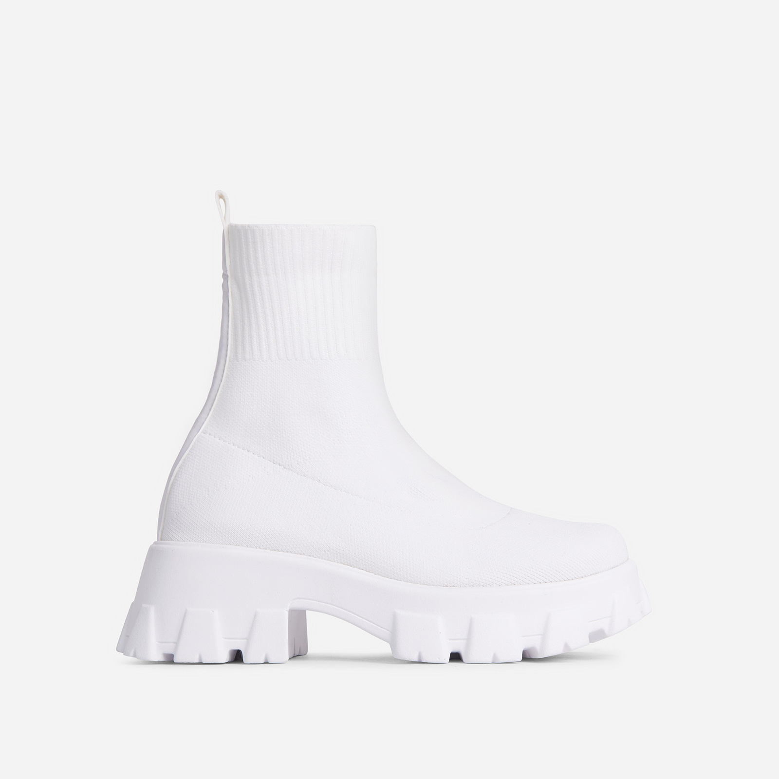 Don't-Trust Chunky Sole Ankle Chelsea Sock Biker Boot In White Knit, White (EGO SHOES)