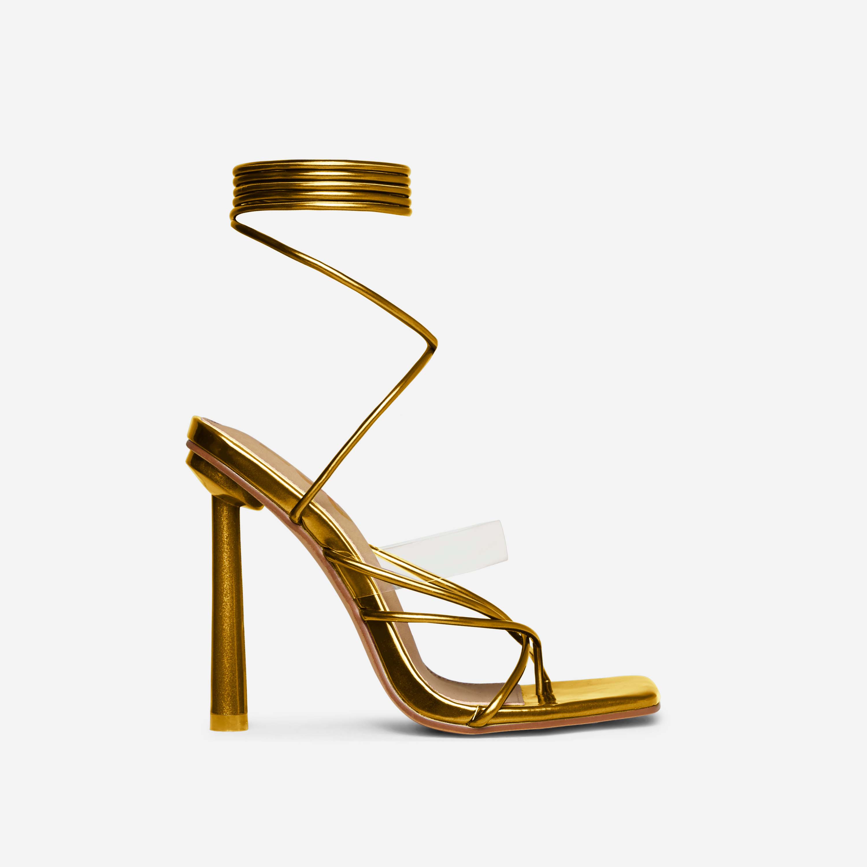 Growing Lace Up Perspex Strappy Square Toe Stiletto Heel In Gold Metallic Faux Leather, Gold (EGO SHOES)