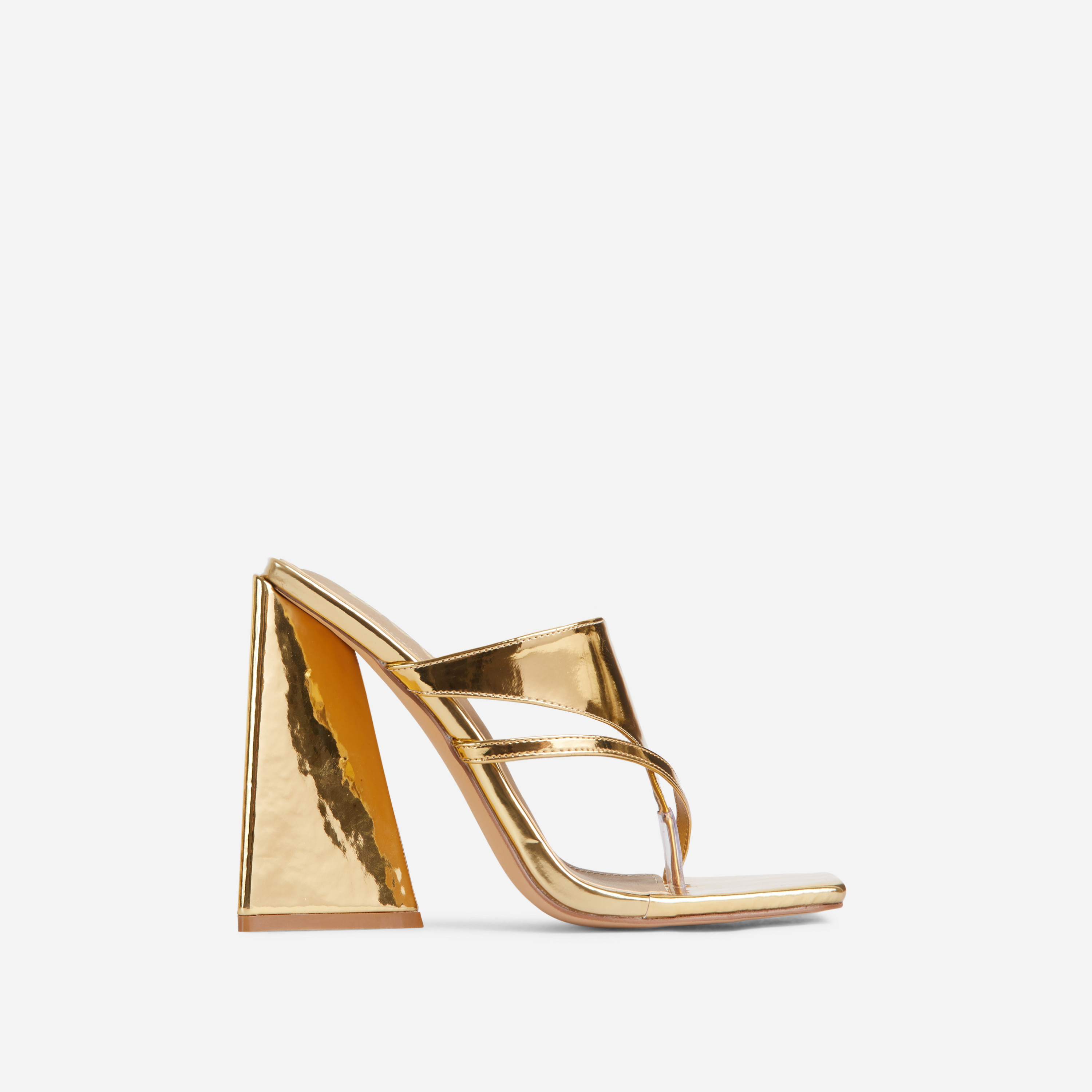 Lydia Panel Strap Detail Square Toe Sculptured Flared Block Heel Mule In Gold Patent, Gold (EGO SHOES)