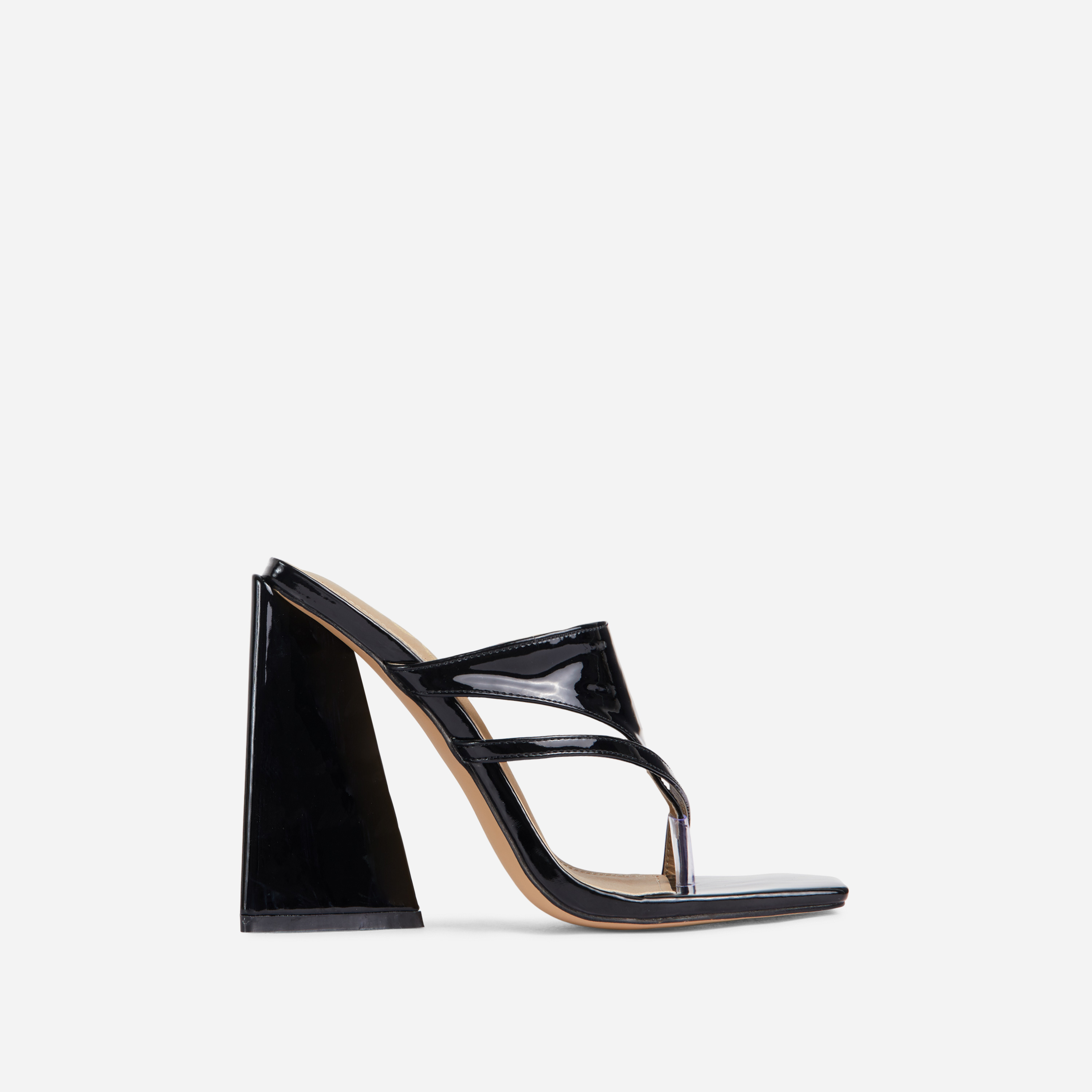 Lydia Panel Strap Detail Square Toe Sculptured Flared Block Heel Mule In Black Patent, Black (EGO SHOES)