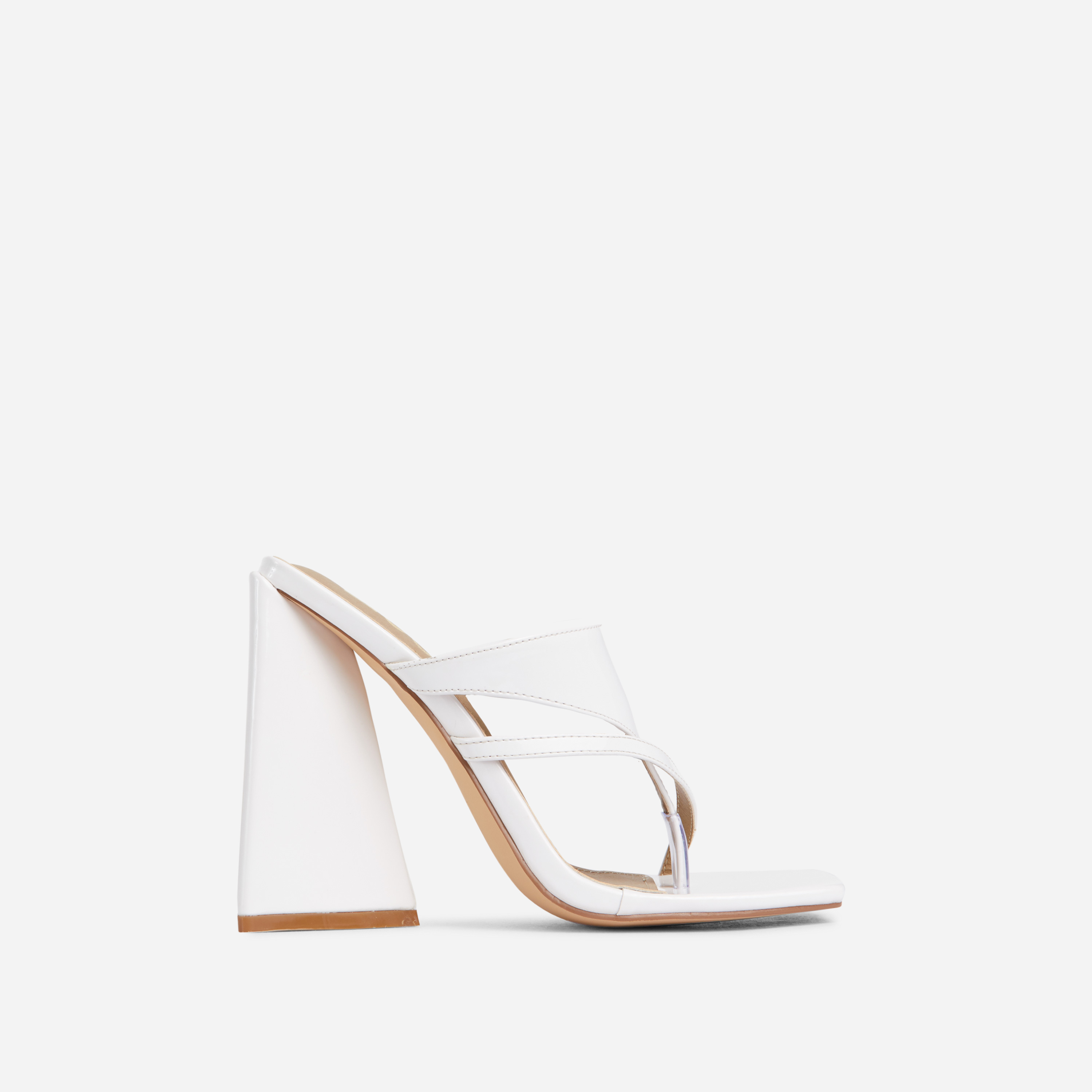 Lydia Panel Strap Detail Square Toe Sculptured Flared Block Heel Mule In White Patent, White (EGO SHOES)