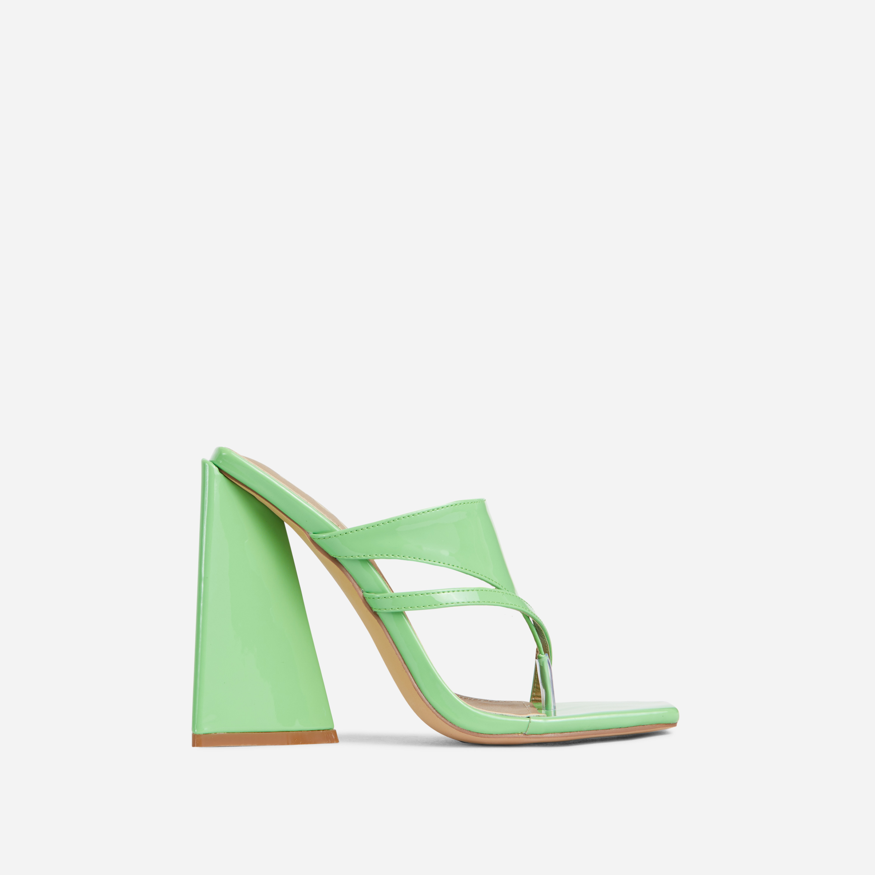 Lydia Panel Strap Detail Square Toe Sculptured Flared Block Heel Mule In Green Patent, Green (EGO SHOES)