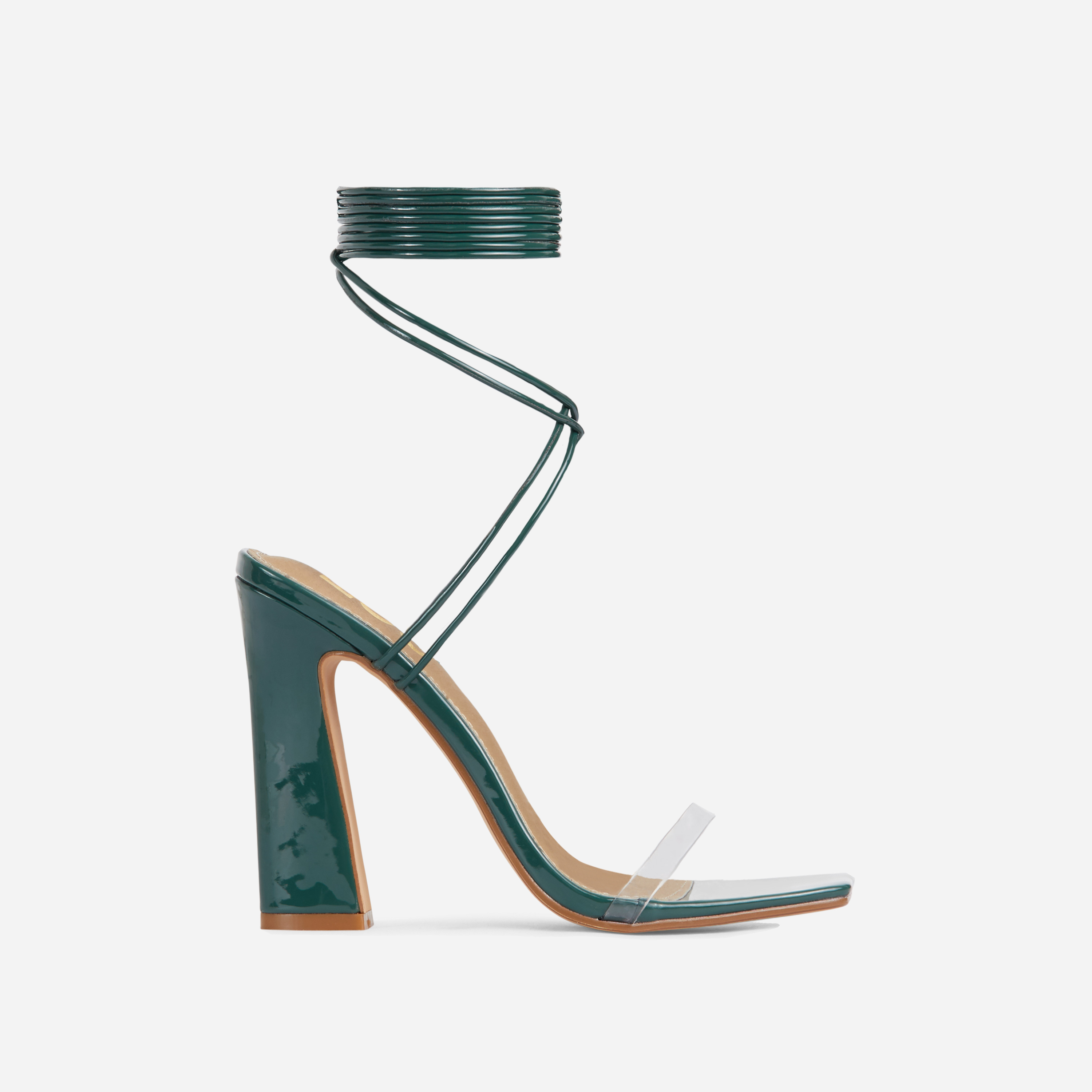 Yaritza Lace Up Clear Perspex Strap Square Toe Flared Block Heel In Green Patent, Green (EGO SHOES)