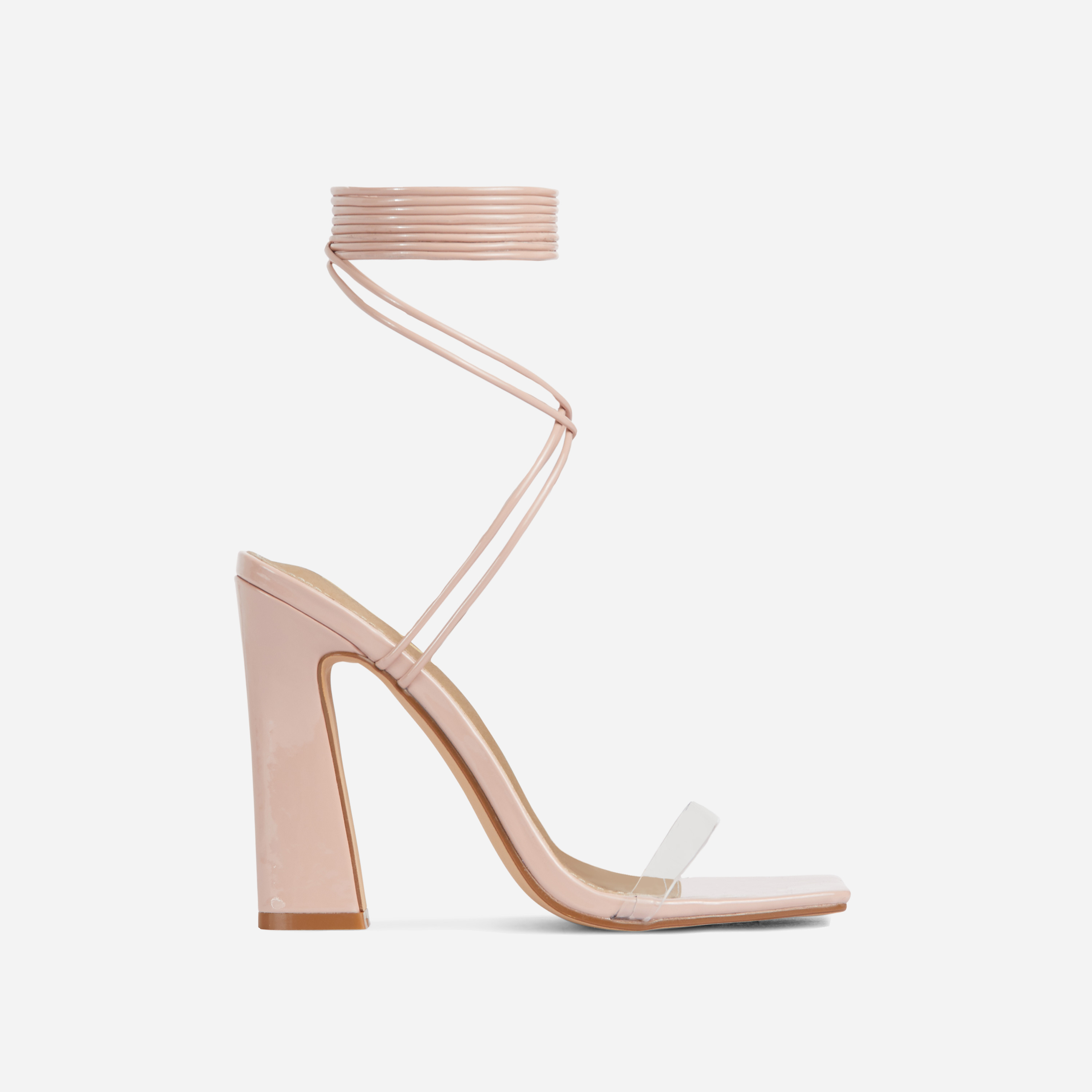 Yaritza Lace Up Clear Perspex Strap Square Toe Flared Block Heel In Nude Patent, Nude (EGO SHOES)