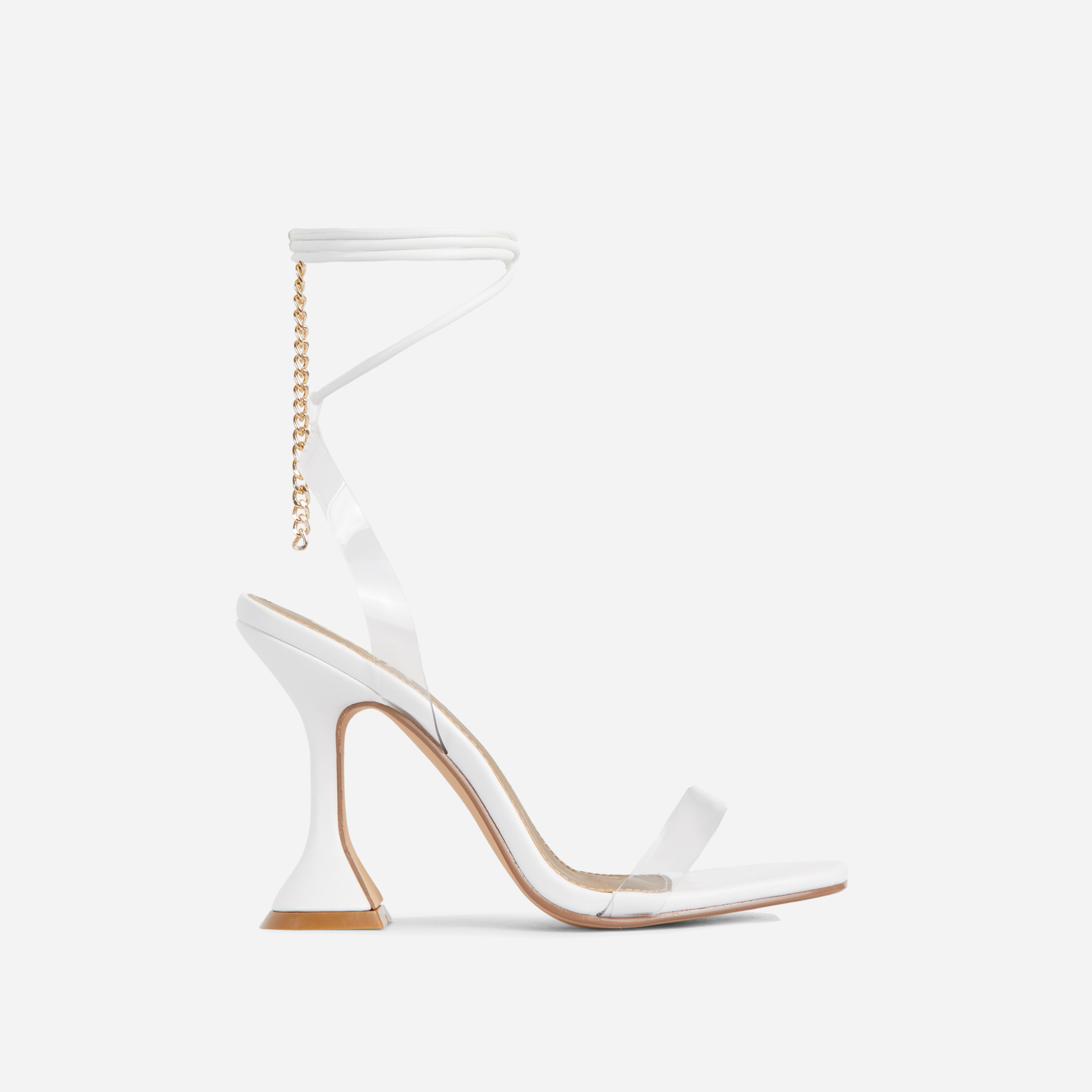 Dani Chain Detail Lace Up Clear Perspex Square Toe Low Sculptured Heel In White Faux Leather, White (EGO SHOES)