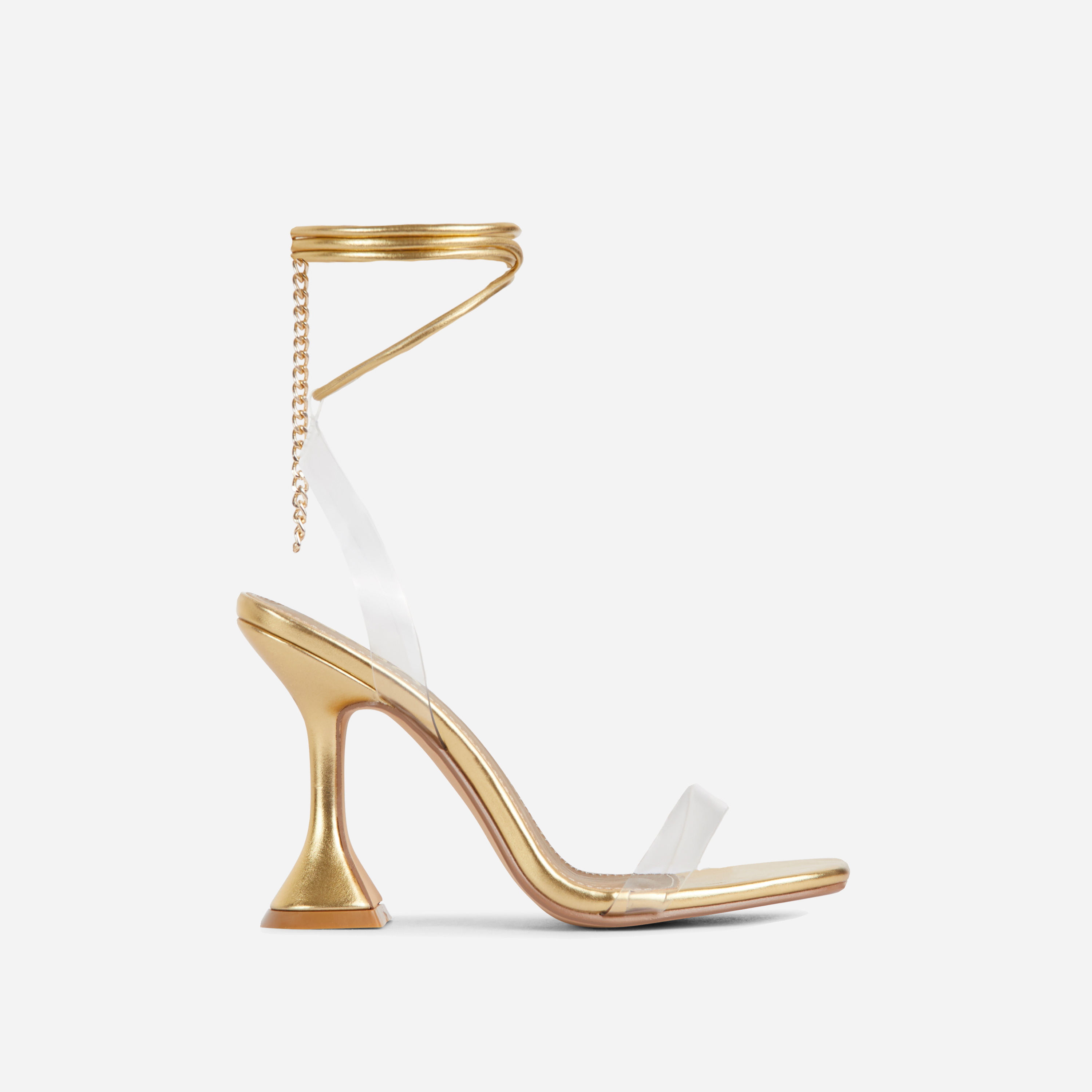 Dani Chain Detail Lace Up Clear Perspex Square Toe Low Sculptured Heel In Gold Faux Leather, Gold (EGO SHOES)