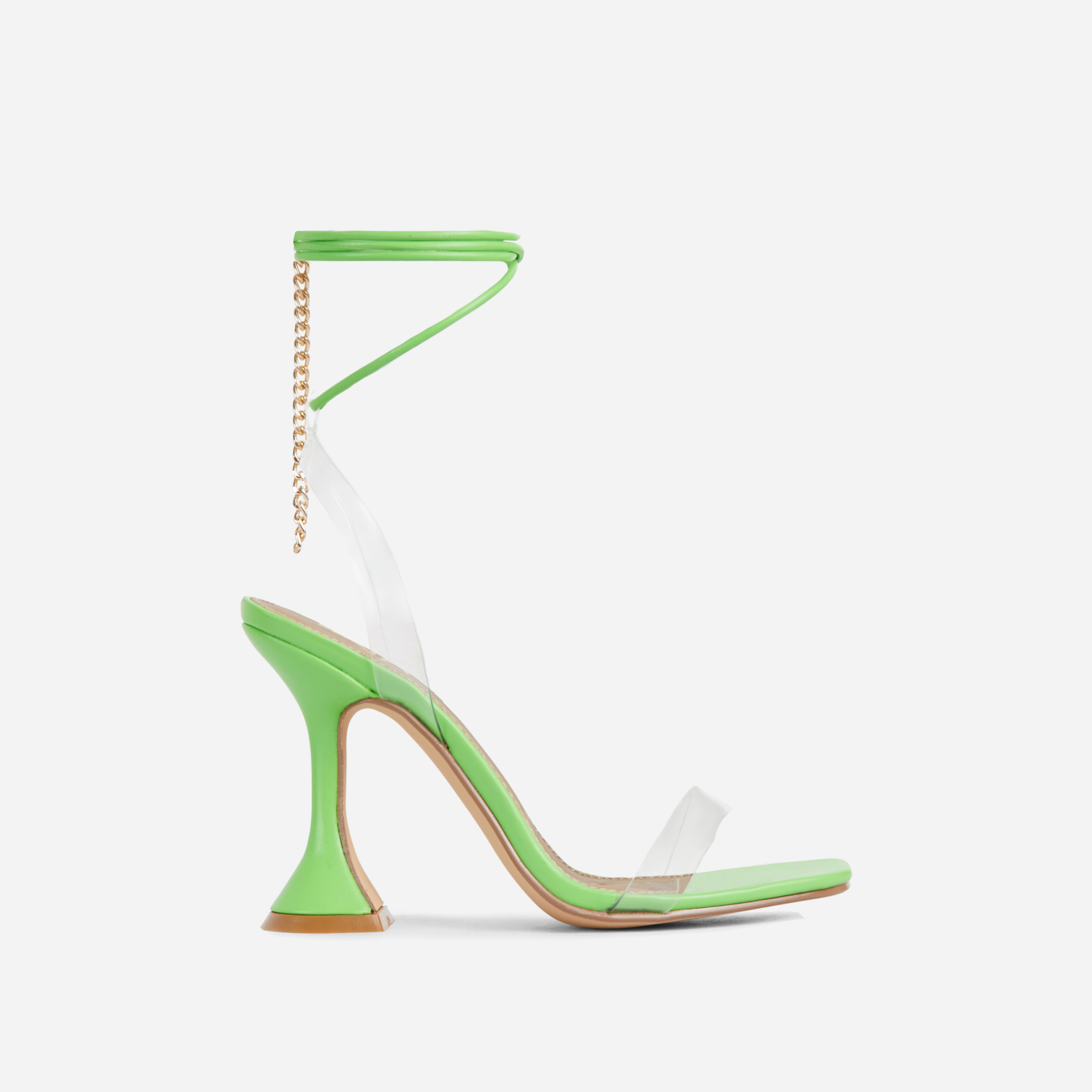 Dani Chain Detail Lace Up Clear Perspex Square Toe Low Sculptured Heel In Green Faux Leather, Green (EGO SHOES)