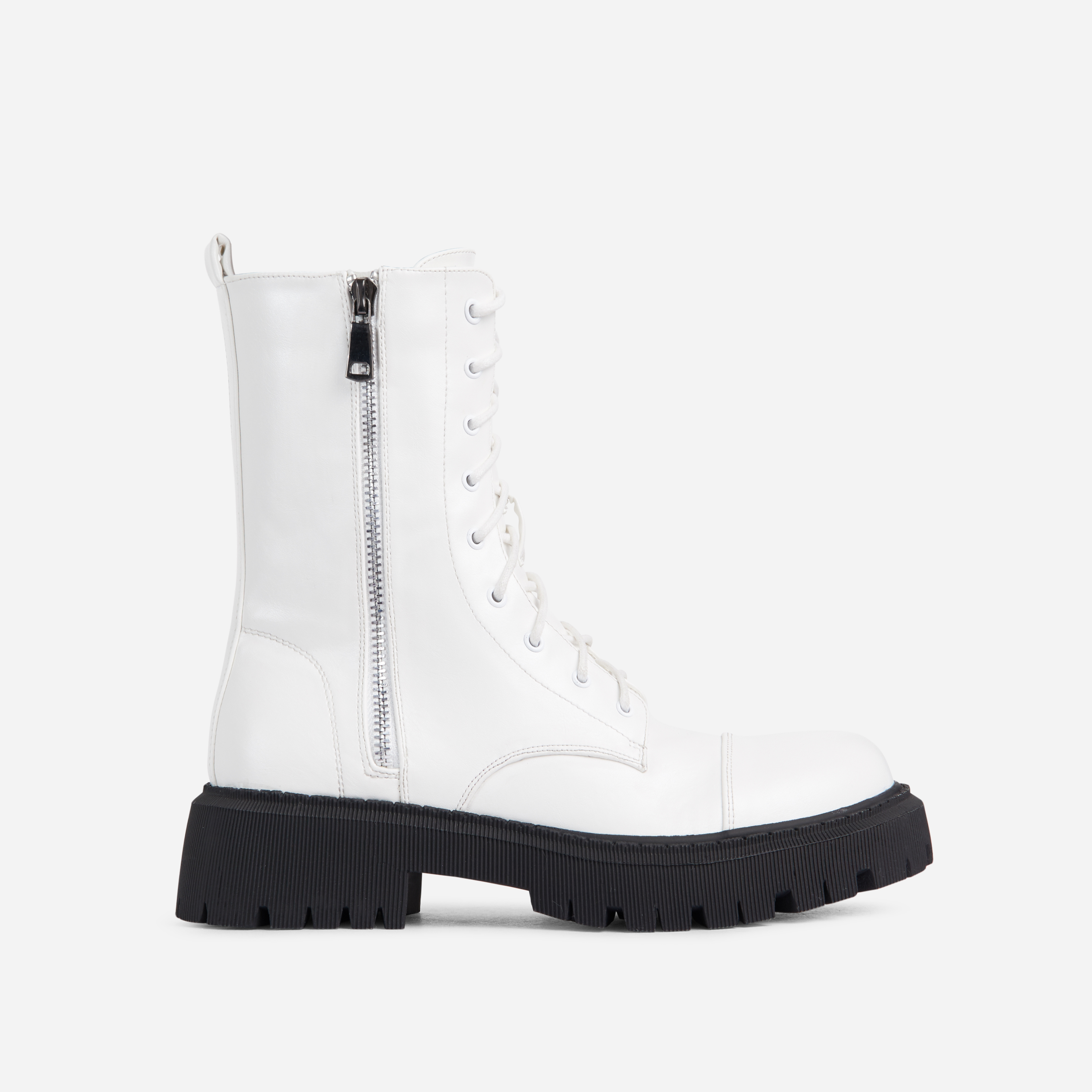 Nyomi Chunky Sole Lace Up Ankle Biker Boot In White Faux Leather, White (EGO SHOES)