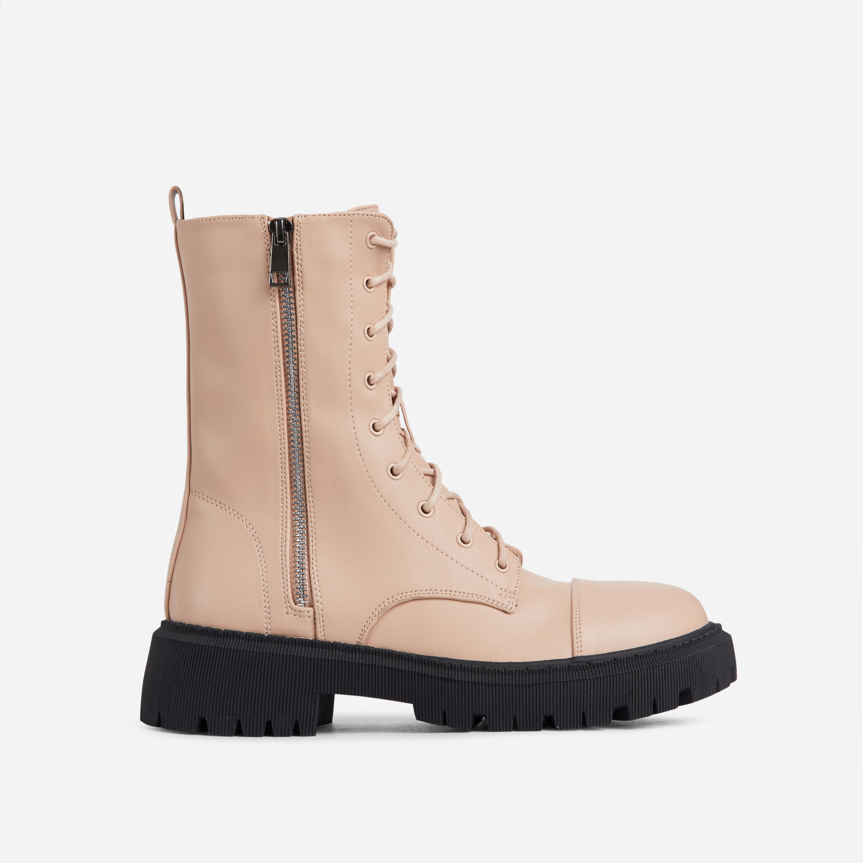 Nyomi Chunky Sole Lace Up Ankle Biker Boot In Nude Faux Leather, Nude (EGO SHOES)