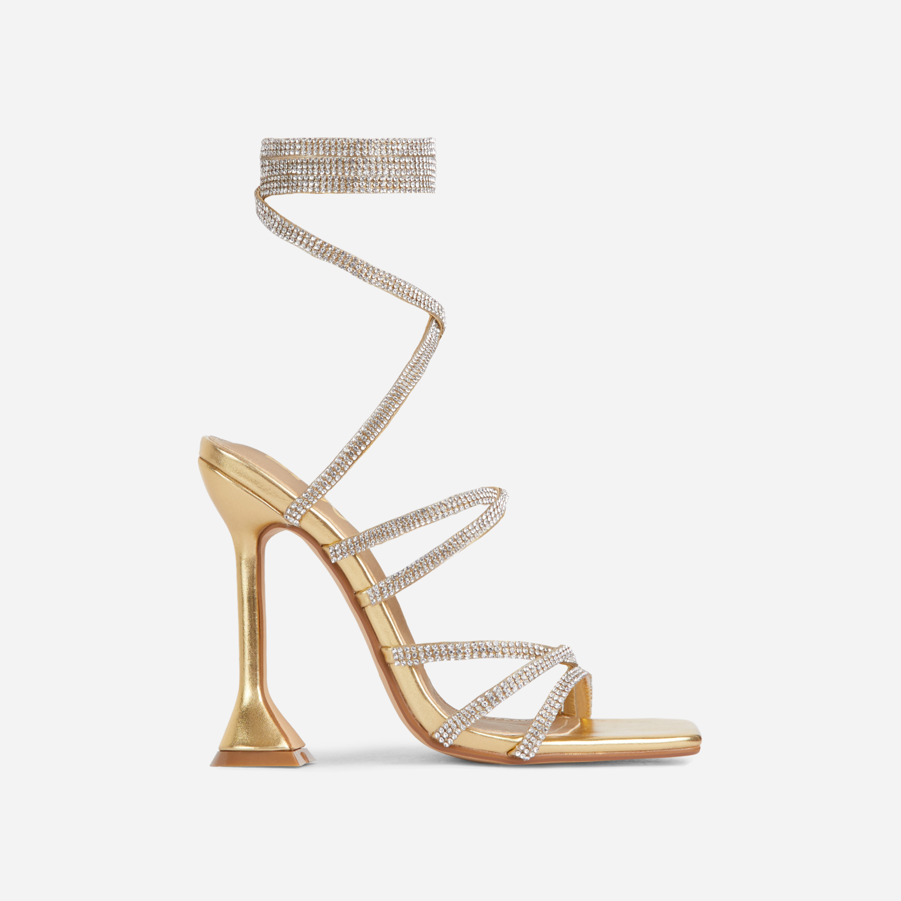 Hasta Diamante Strap Detail Lace Up Square Toe Sculptured Heel In Gold Metallic Faux Leather, Gold (EGO SHOES)