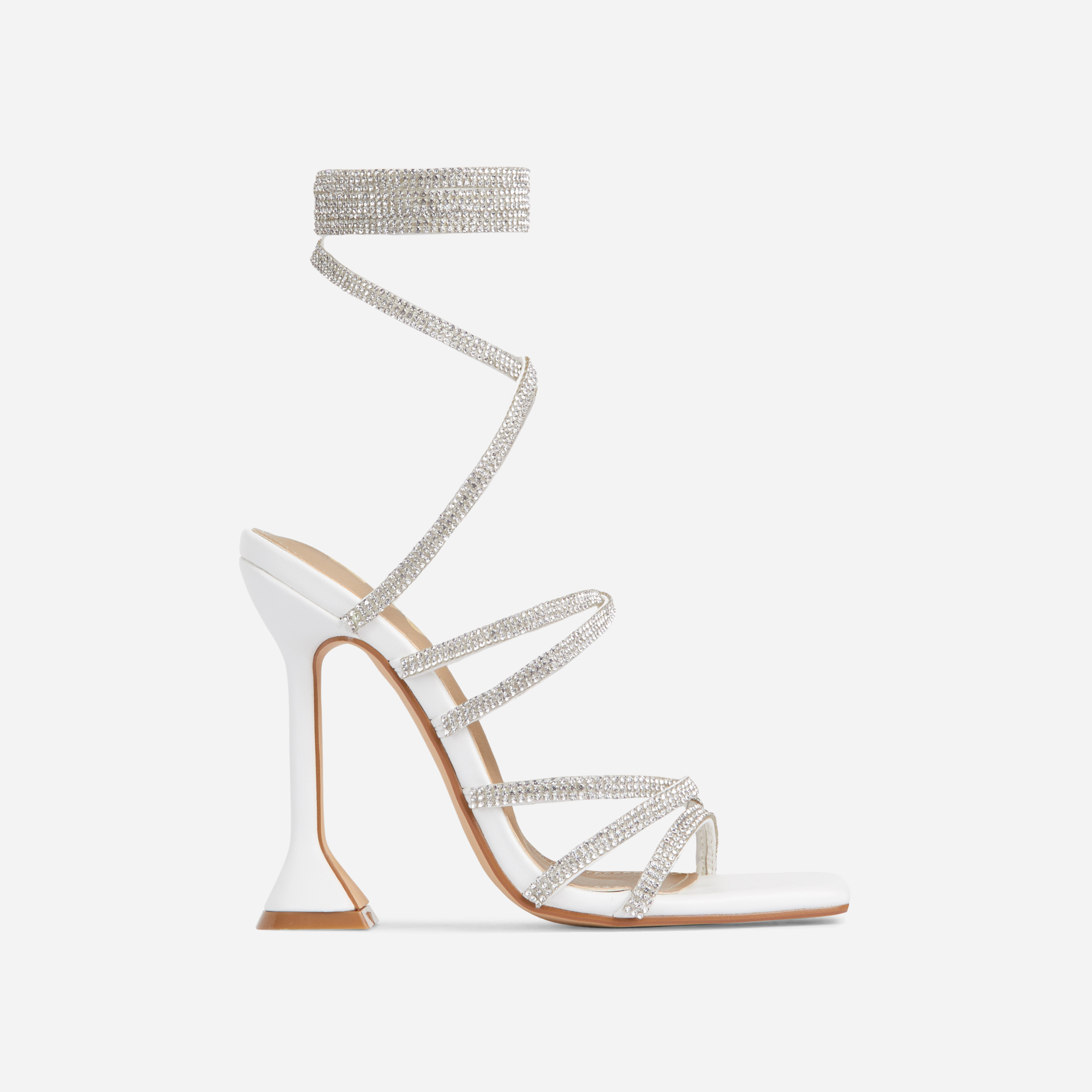 Hasta Diamante Strap Detail Lace Up Square Toe Sculptured Heel In White Faux Leather, White (EGO SHOES)