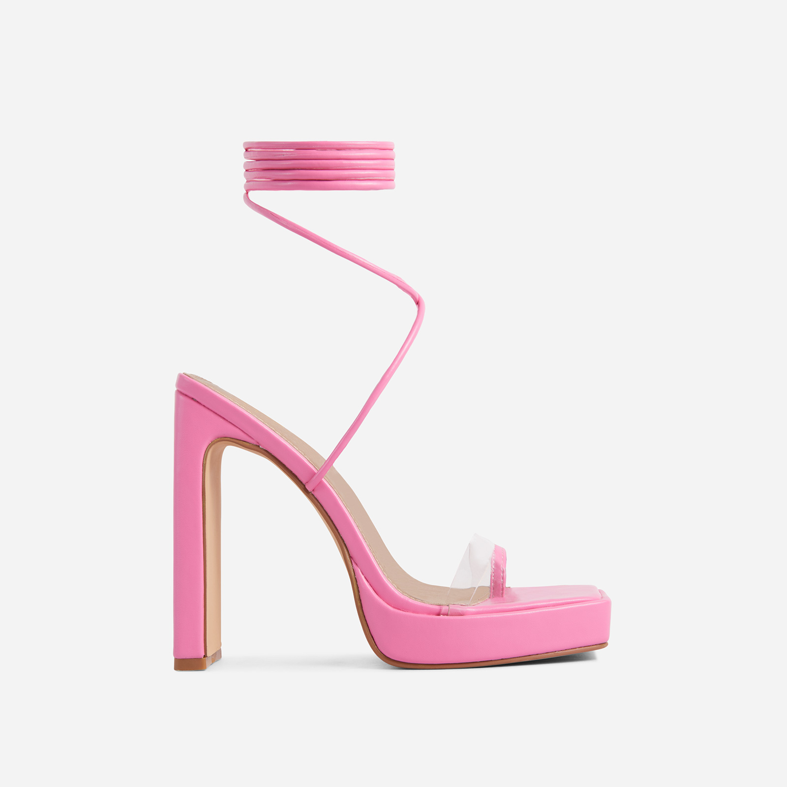 Total-Flirt Lace Up Perspex Detail Square Toe Platform Thin Block Heel In Pink Faux Leather, Pink (EGO SHOES)