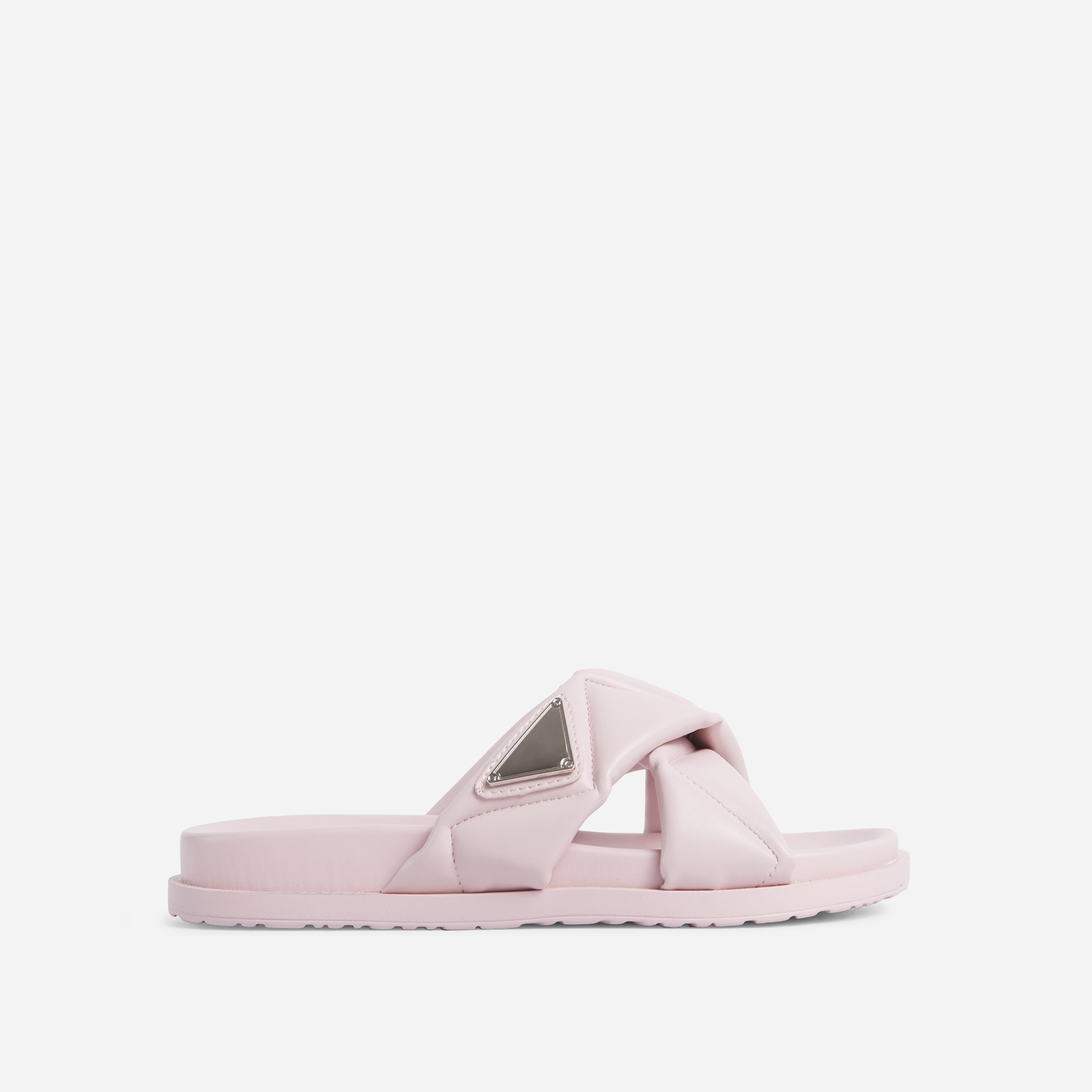 iconic-babe quilted cross strap detail flat slider sandal in pink faux leather, pink