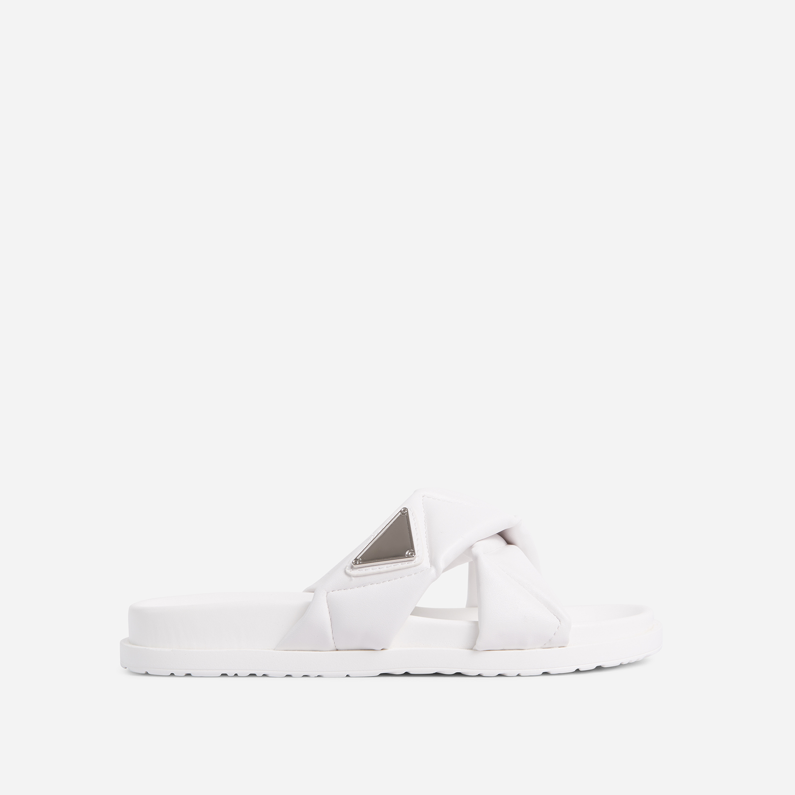 iconic-babe quilted cross strap detail flat slider sandal in white faux leather, white