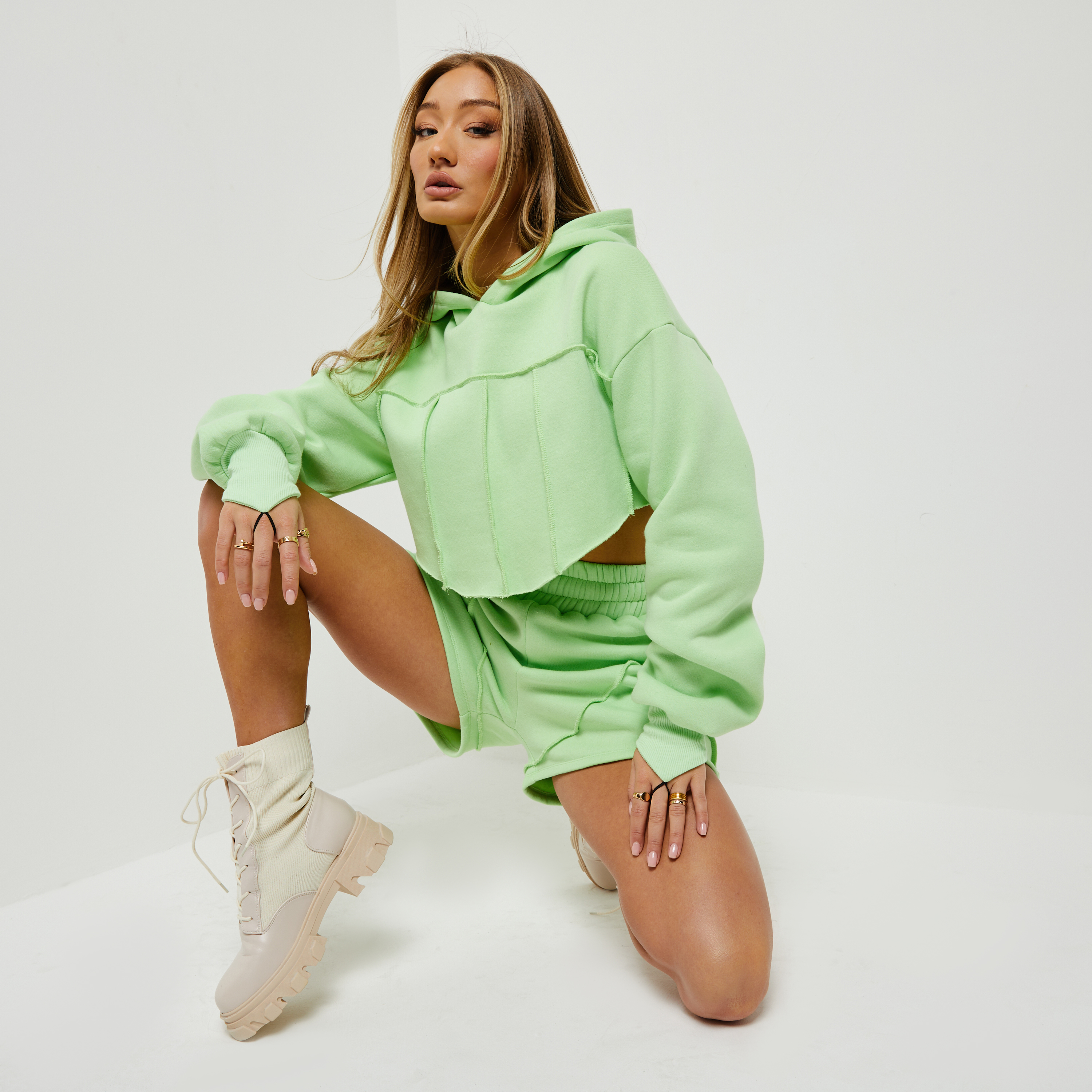 Long Sleeve Corset Seam Detail Cropped Hoodie In Lime Green UK 10, Green