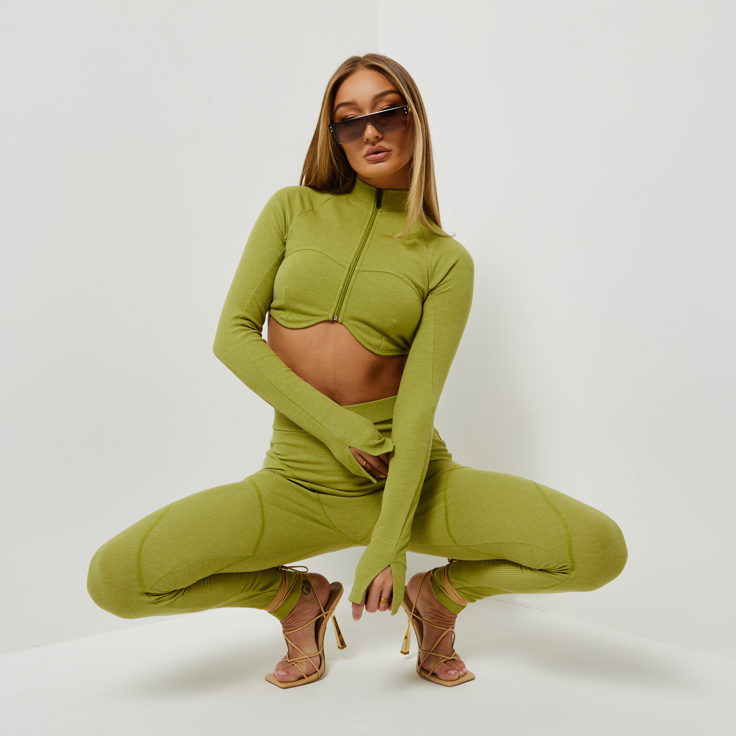 Long Sleeve Under Bust Seam Detail Zip Up Crop Top In Olive Green Brushed Rib UK 10, Green