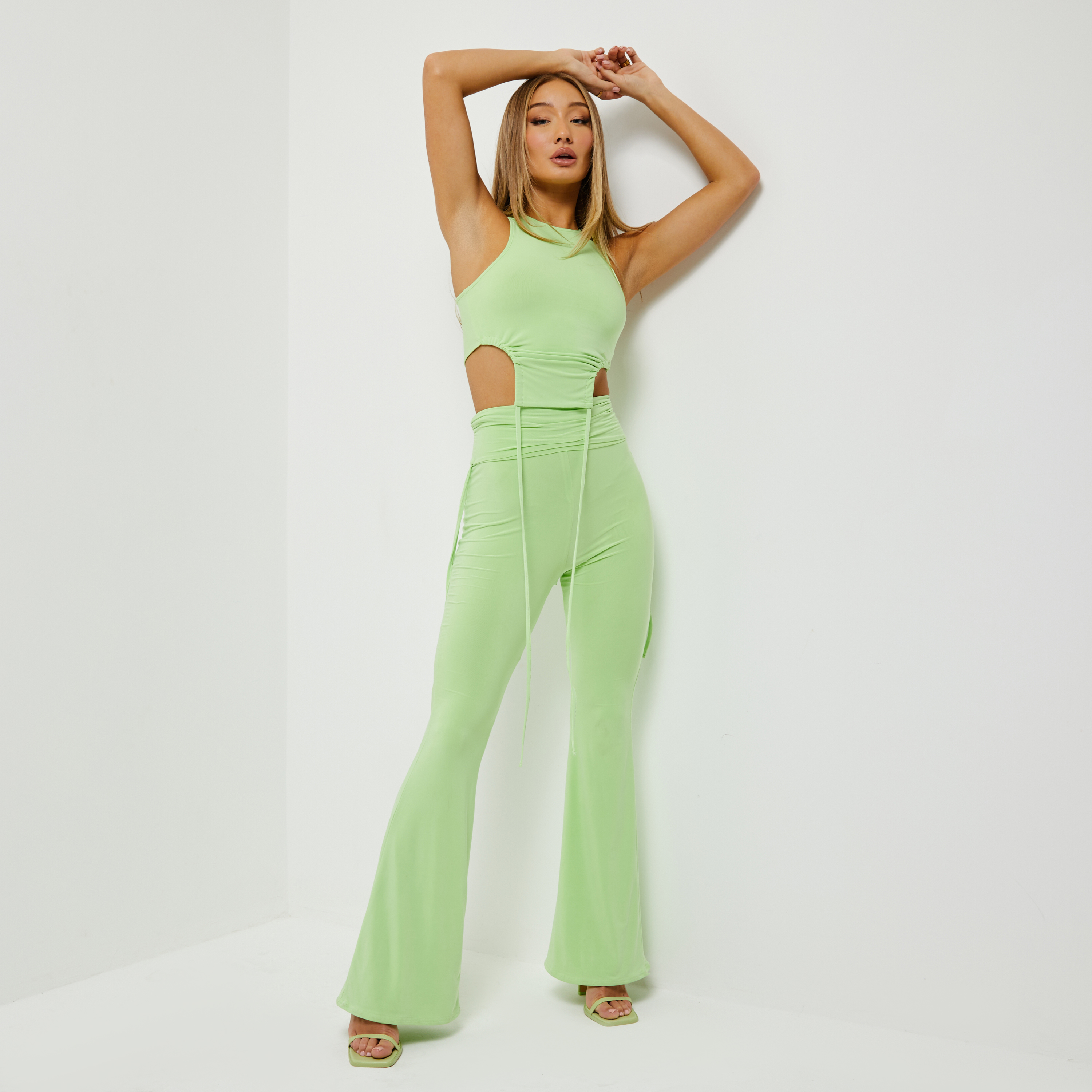 High Waist Ruched Detail Flared Trousers In Lime Green Slinky UK 10, Green
