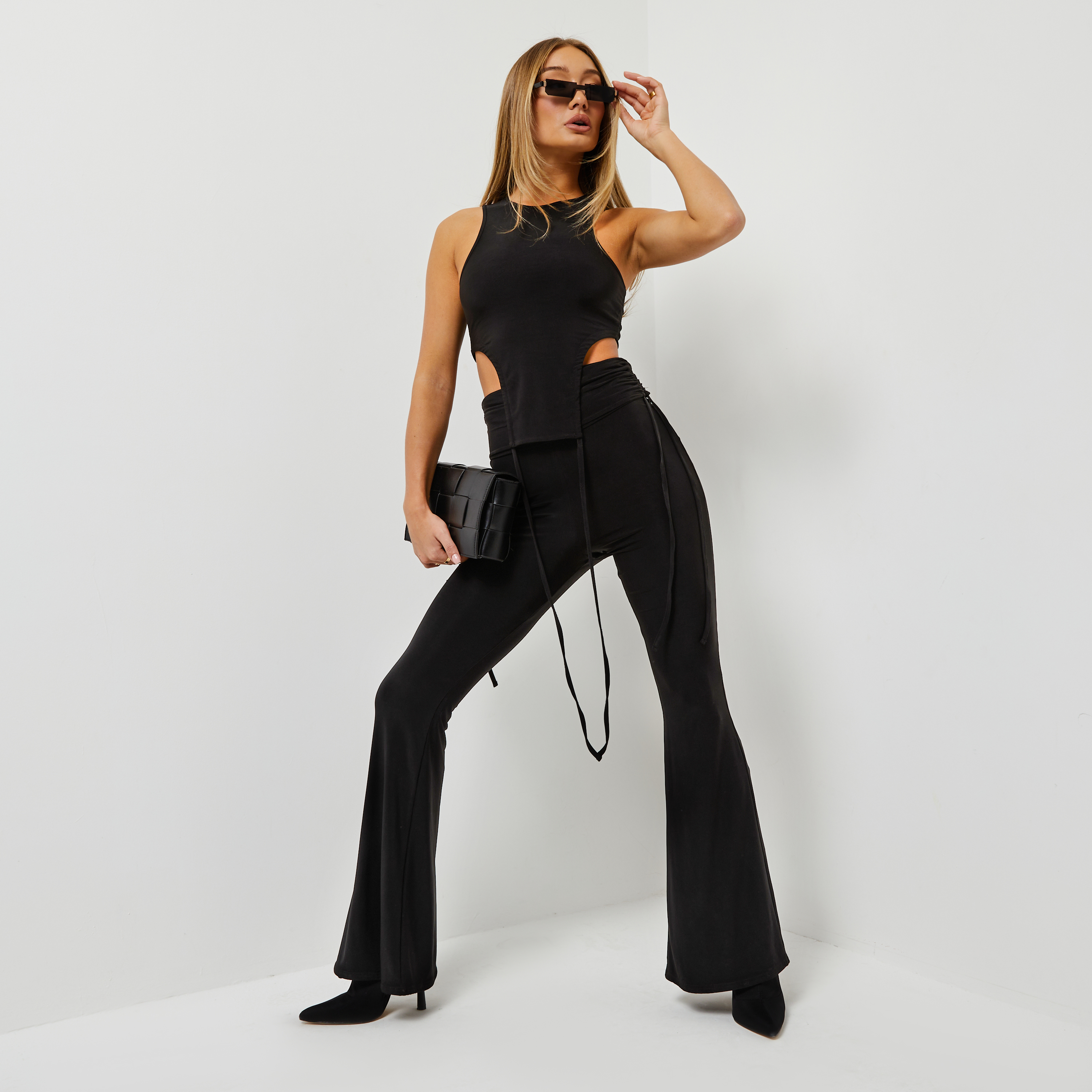 High Waist Ruched Detail Flared Trousers In Black Slinky UK 10, Black