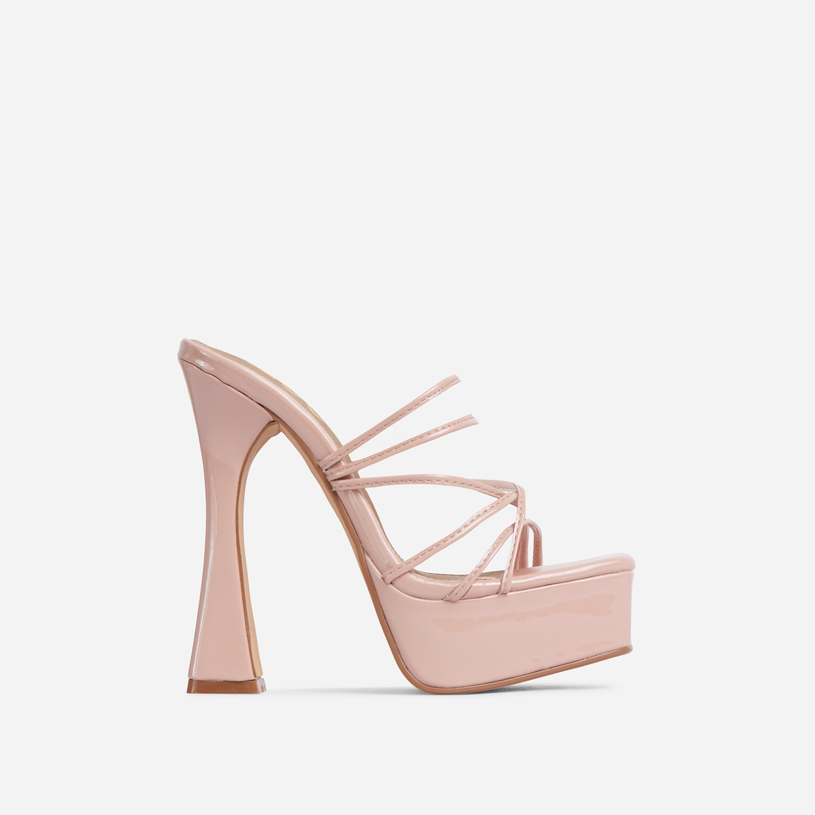 Trust-Fund Strappy Square Toe Platform Flared Block Heel Mule In Nude Patent, Nude (EGO SHOES)