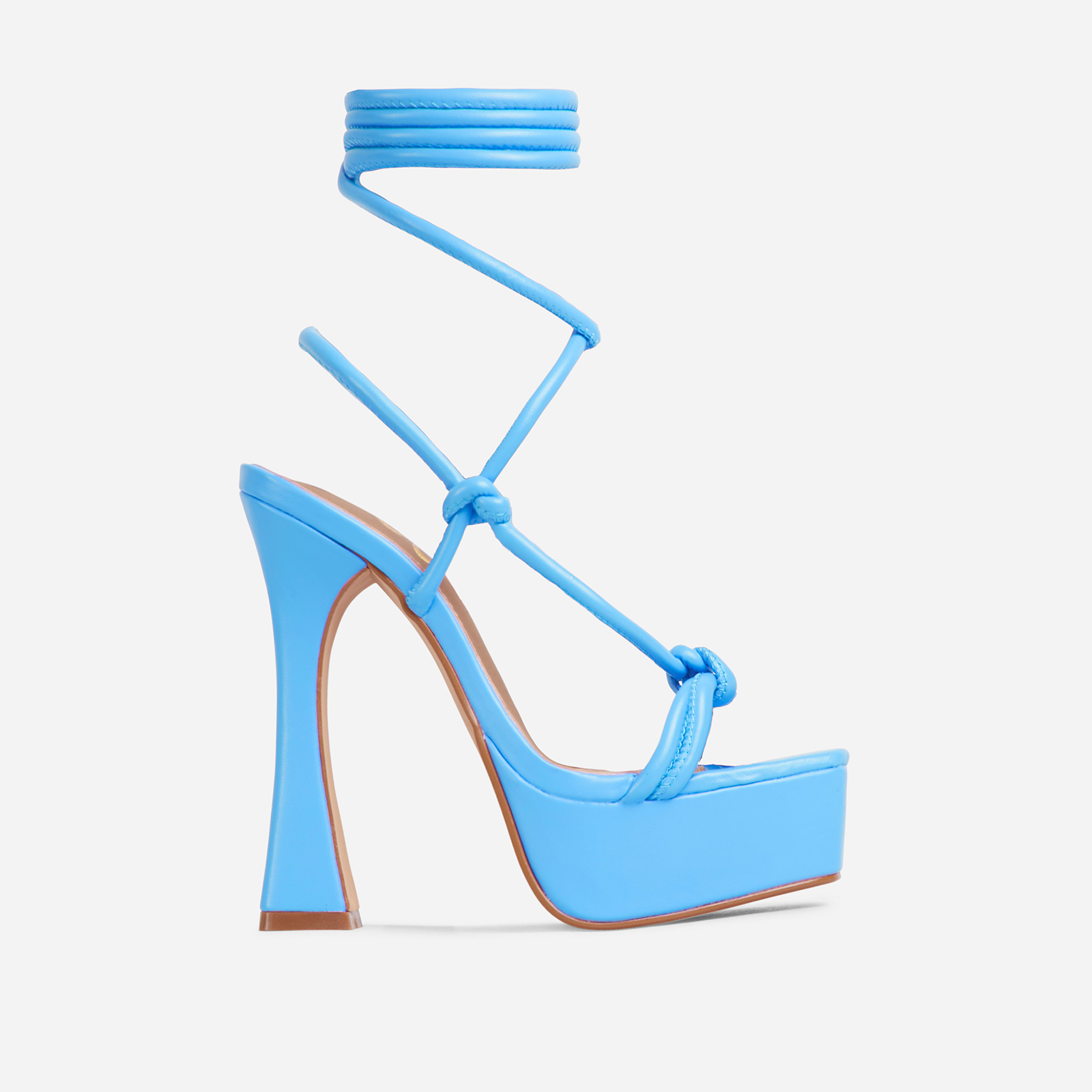 Heat-Wave Knotted Detail Lace Up Square Toe Platform Flared Heel In Blue Faux Leather, Blue (EGO SHOES)