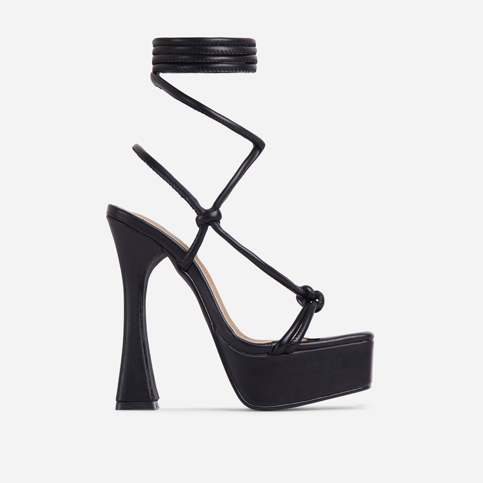 Heat-Wave Knotted Detail Lace Up Square Toe Platform Flared Heel In Black Faux Leather, Black (EGO SHOES)