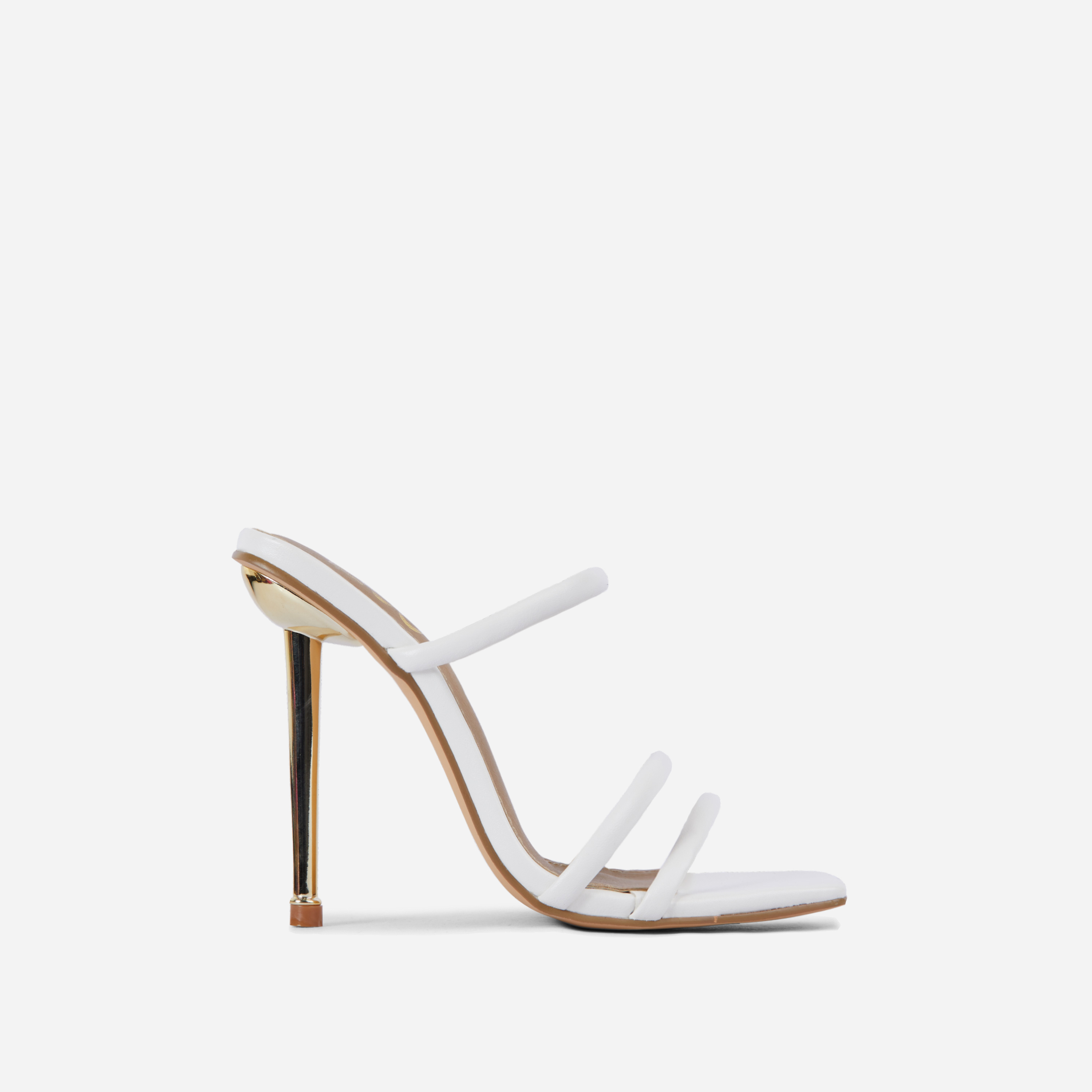 Bailee Strappy Square Toe Metallic Heel Mule In White Faux Leather, White (EGO SHOES)