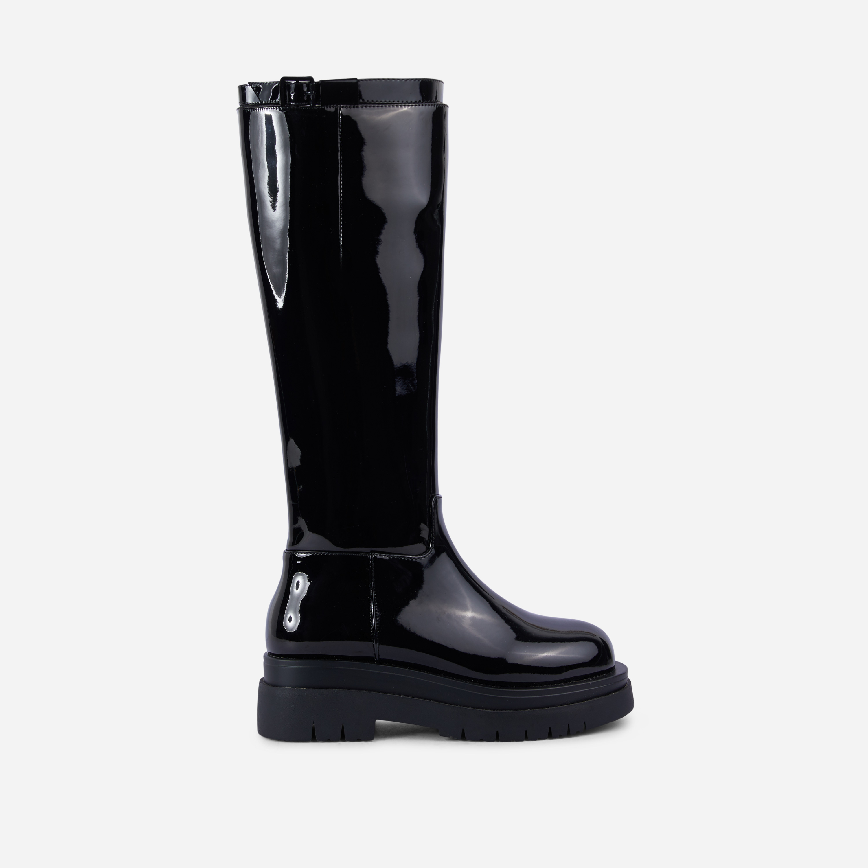 Uma Buckle Strap Chunky Sole Calf Knee High Long Biker Boot In Black Patent, Black (EGO SHOES)