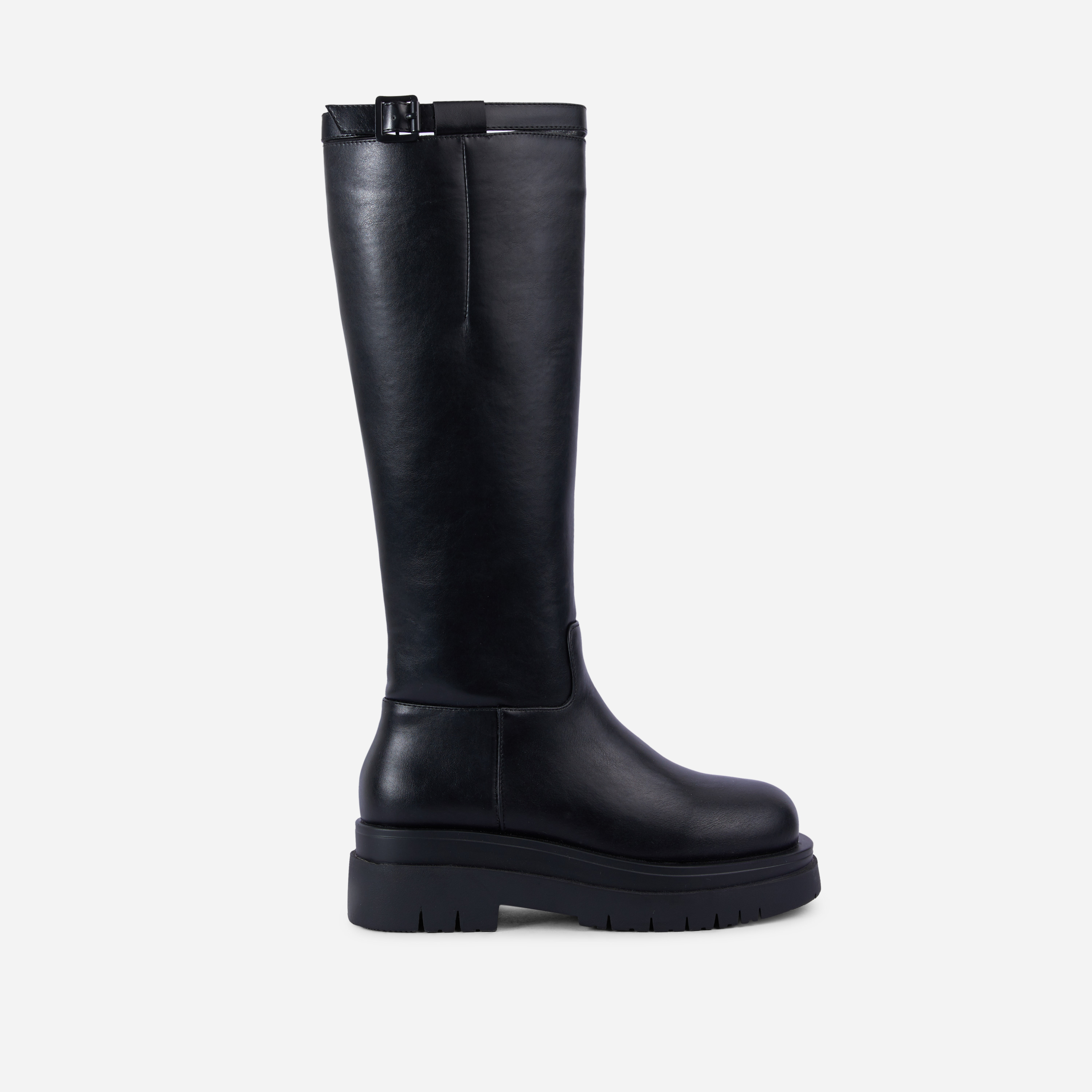 Uma Buckle Strap Chunky Sole Calf Knee High Long Biker Boot In Black Faux Leather, Black (EGO SHOES)