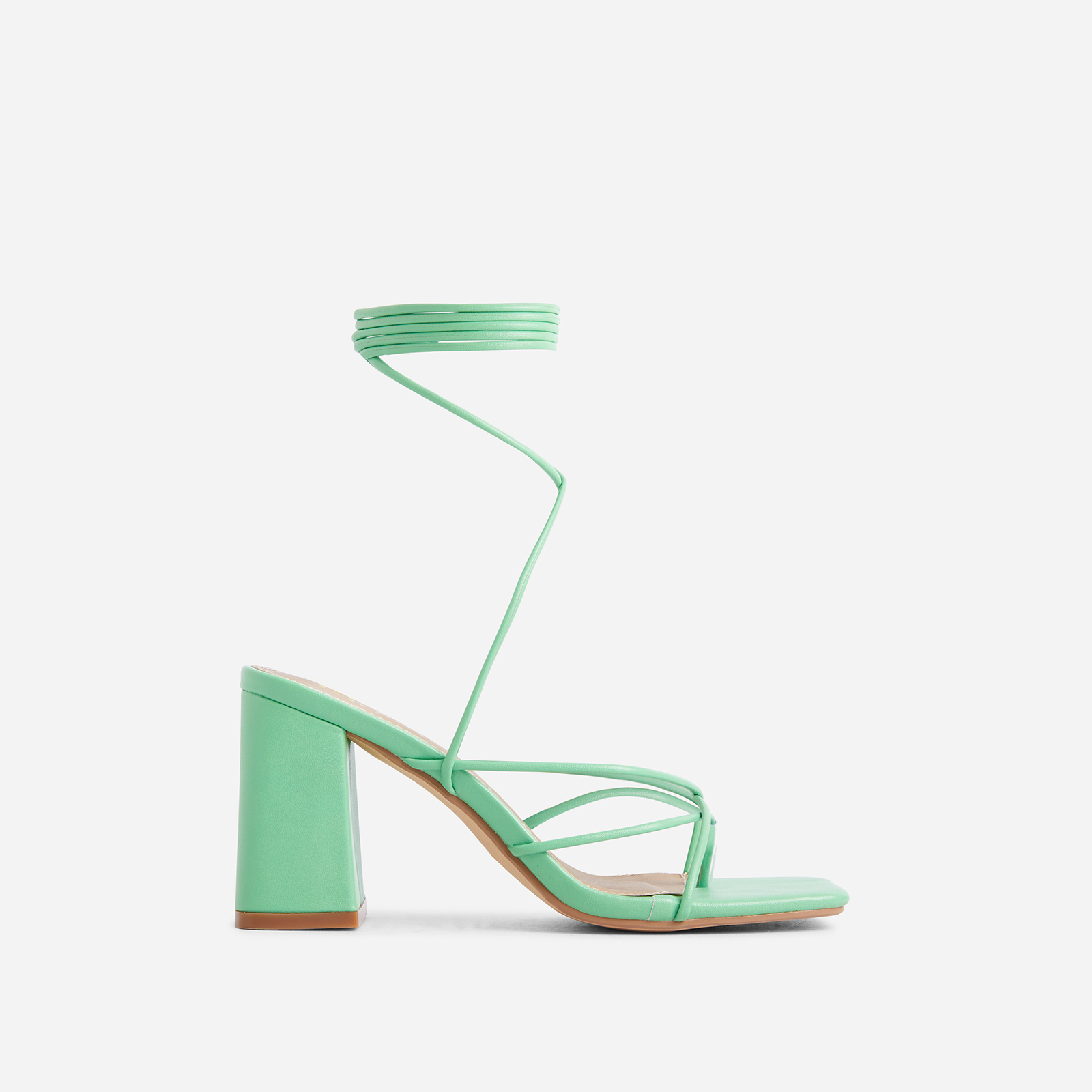 Deena Strappy Detail Lace Up Square Toe Lace Up Low Block Heel In Green Faux Leather, Green (EGO SHOES)