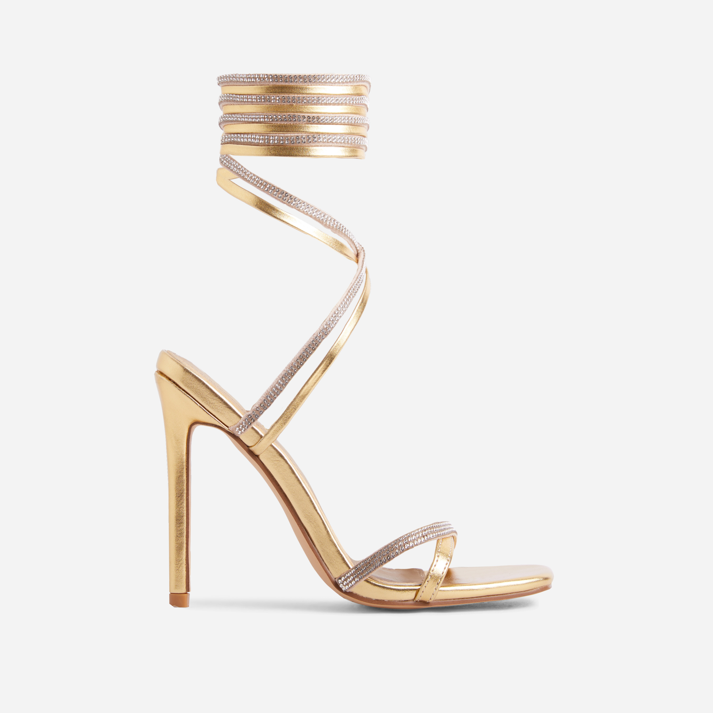 Oakley Diamante Detail Lace Up Square Toe Heel In Gold Faux Leather, Gold (EGO SHOES)