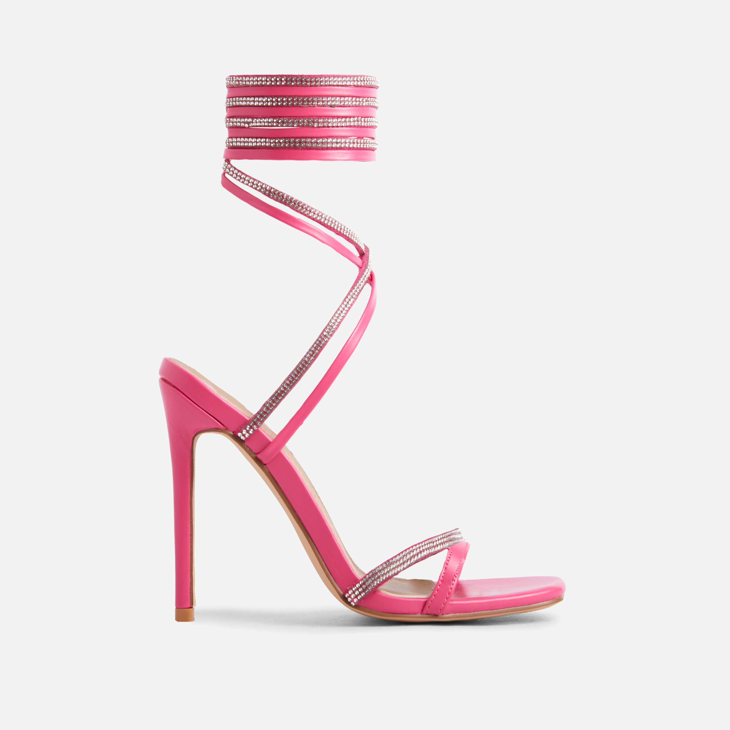 Oakley Diamante Detail Lace Up Square Toe Heel In Pink Faux Leather, Pink (EGO SHOES)