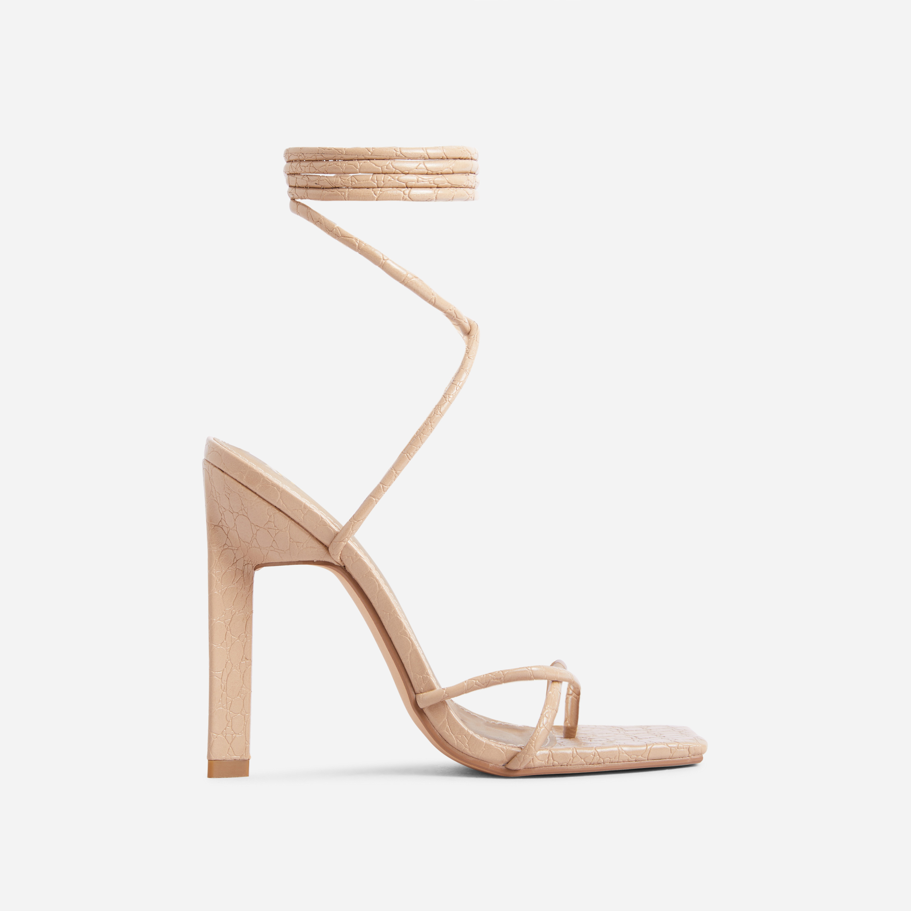 Into-You Lace Up Square Toe Sculptured Block Heel In Nude Croc Print Faux Leather, Nude (EGO SHOES)