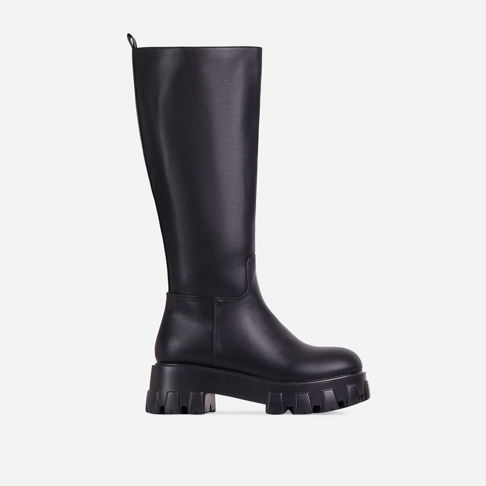 Drizzle Chunky Sole Knee High Long Wellington Boot In Black Faux Leather, Black (EGO SHOES)