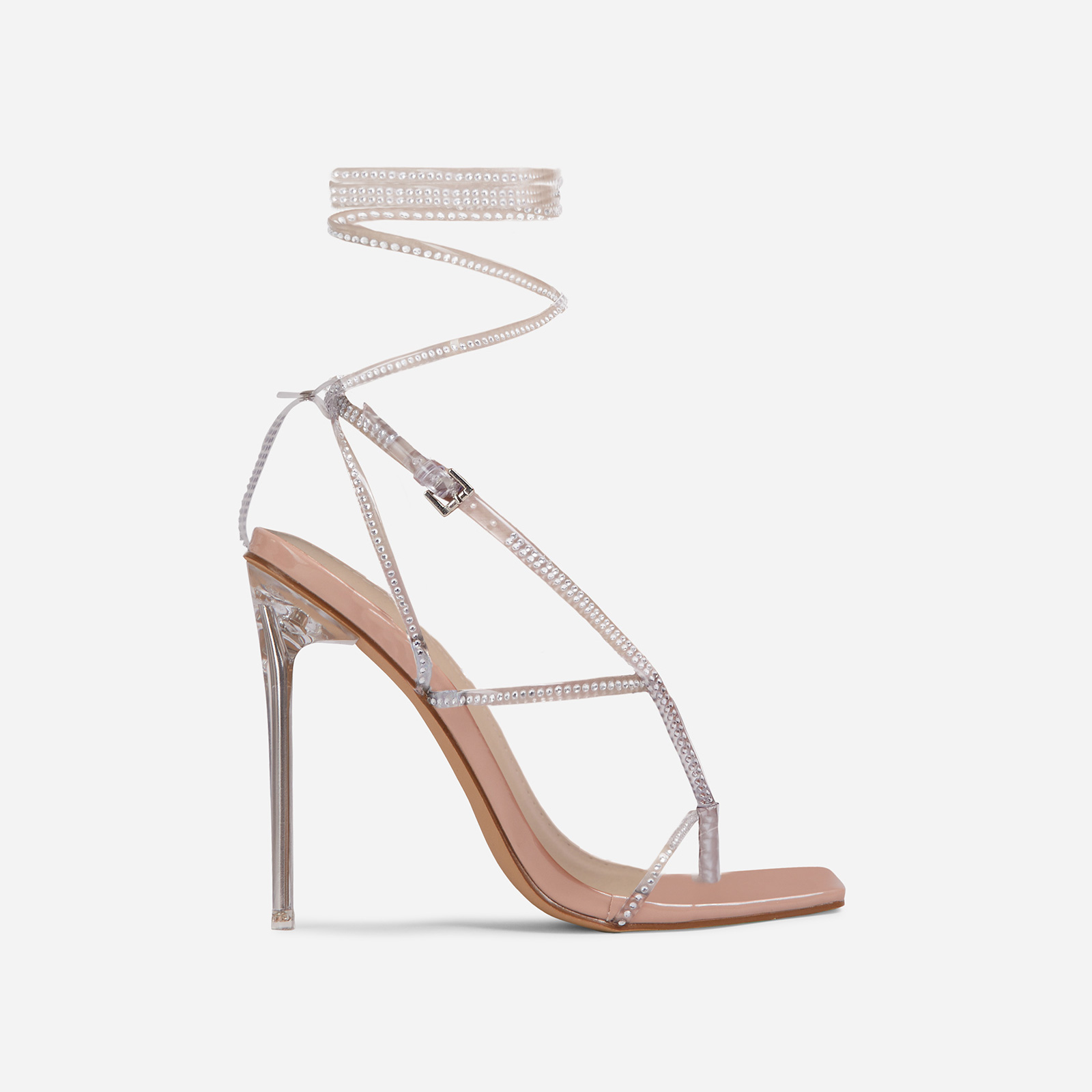 True-Drip Diamante Detail Lace Up Square Toe Clear Perspex Heel In Nude Patent, Nude (EGO SHOES)