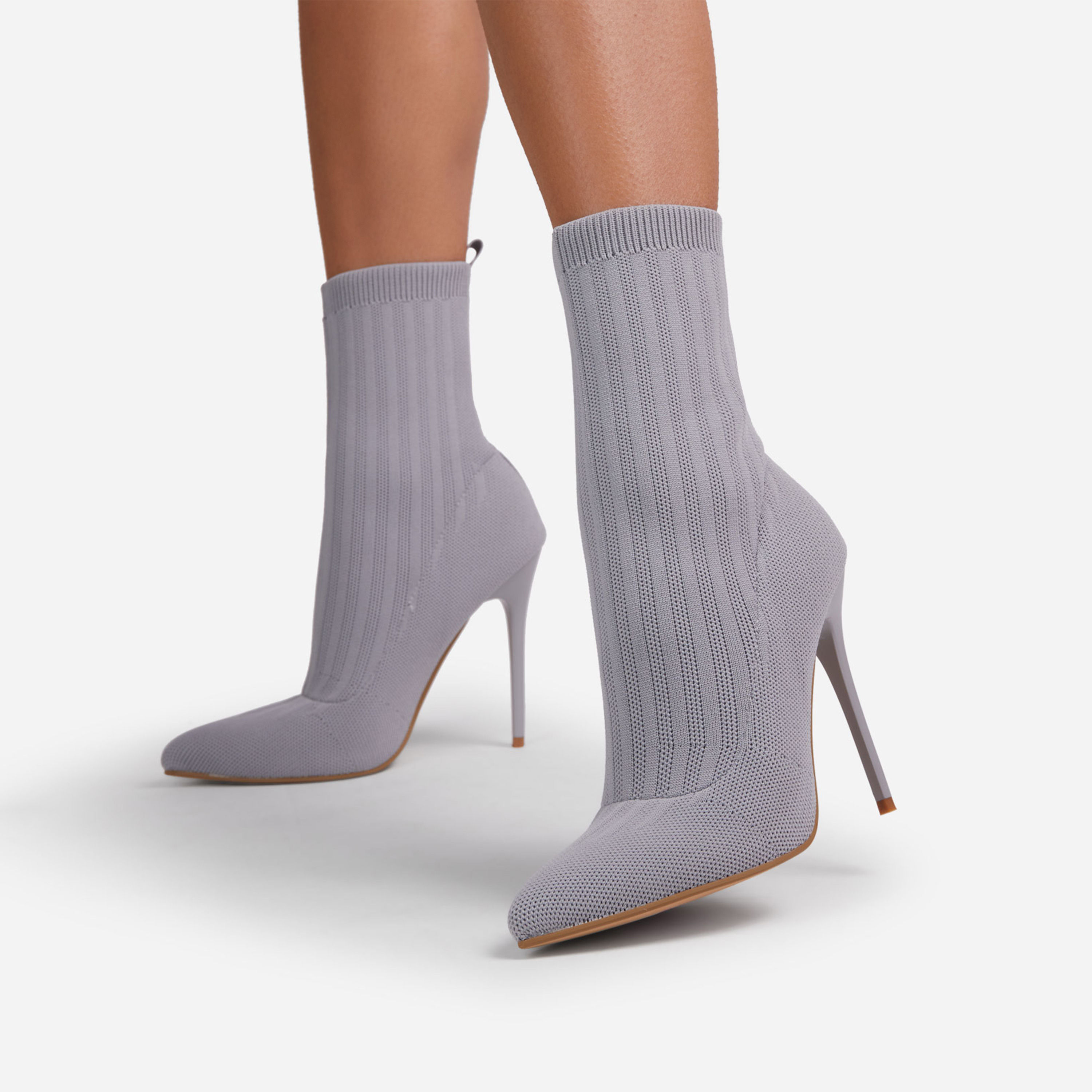 Ricochet Pointed Toe Ankle Sock Boot In Grey Ribbed Knit | EGO