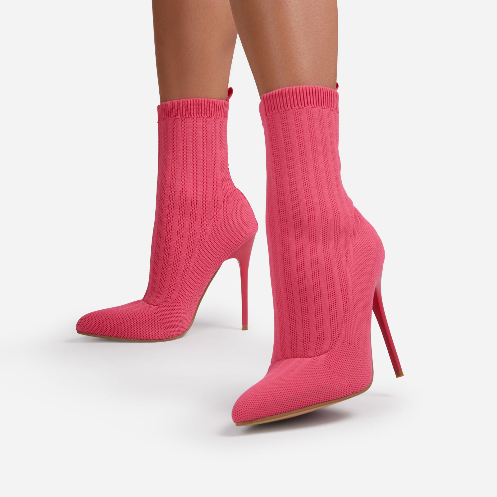 Ricochet Pointed Toe Ankle Sock Boot In Pink Ribbed Knit, Pink (EGO SHOES)