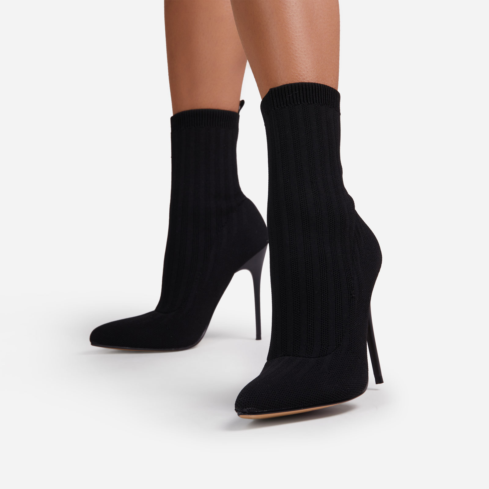 Ricochet Pointed Toe Ankle Sock Boot In Black Ribbed Knit, Black (EGO SHOES)