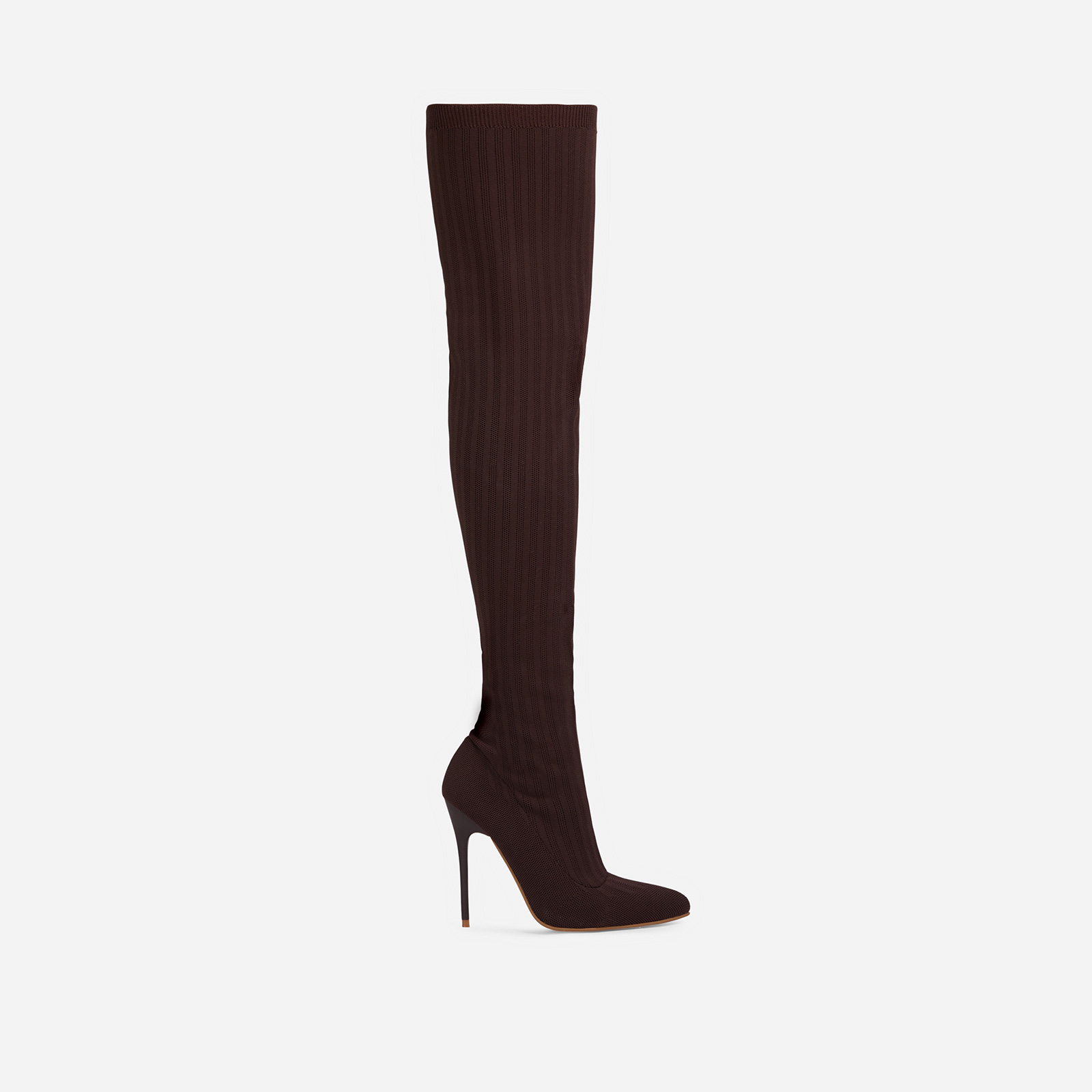 Alberta Pointed Toe Over The Knee Thigh High Long Sock Boot In Dark Brown Ribbed Knit, Brown (EGO SHOES)