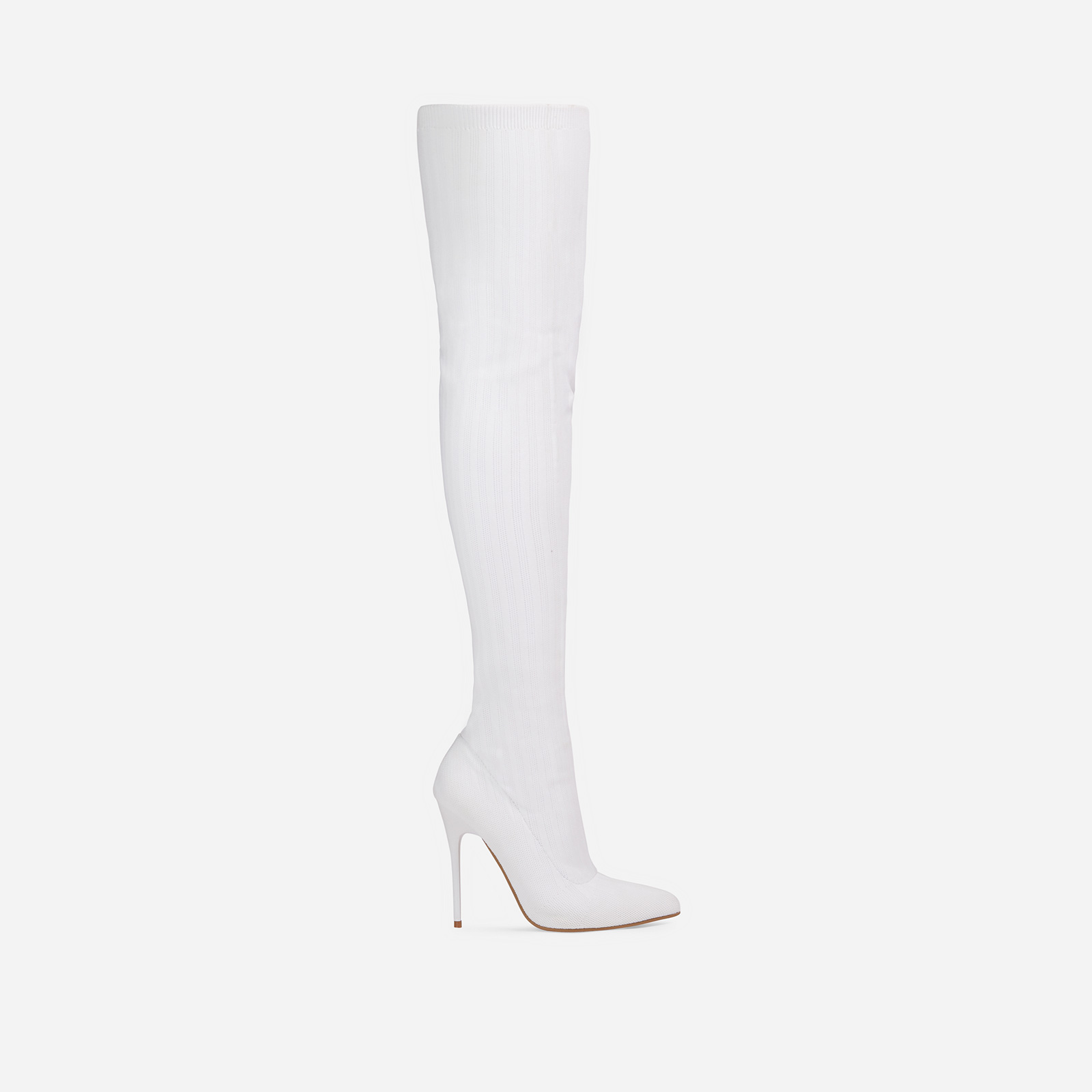 Alberta Pointed Toe Over The Knee Thigh High Long Sock Boot In White Ribbed Knit, White (EGO SHOES)