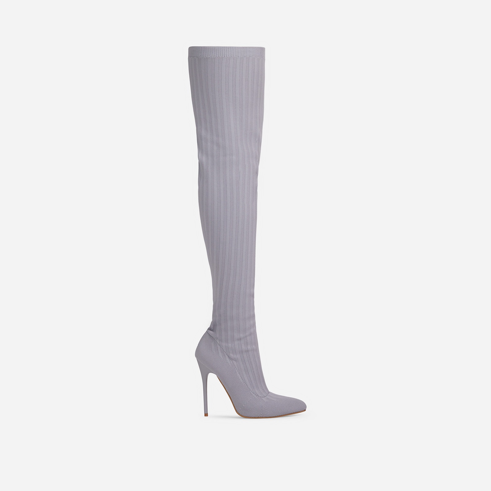 Alberta Pointed Toe Over The Knee Thigh High Long Sock Boot In Grey Ribbed Knit, Grey (EGO SHOES)