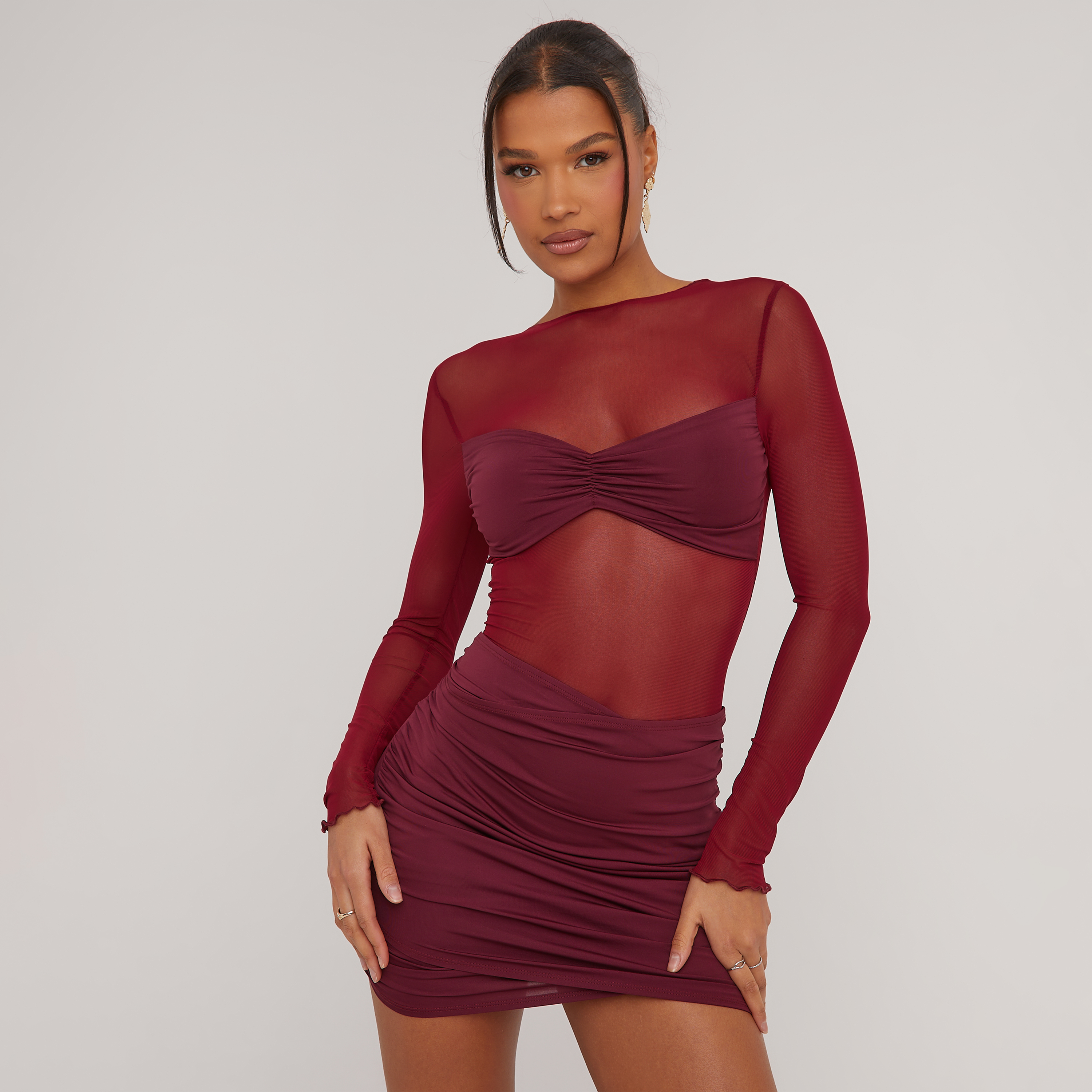 Long Sleeve Wrap Slinky Detail Mini Bodycon Dress In Burgundy