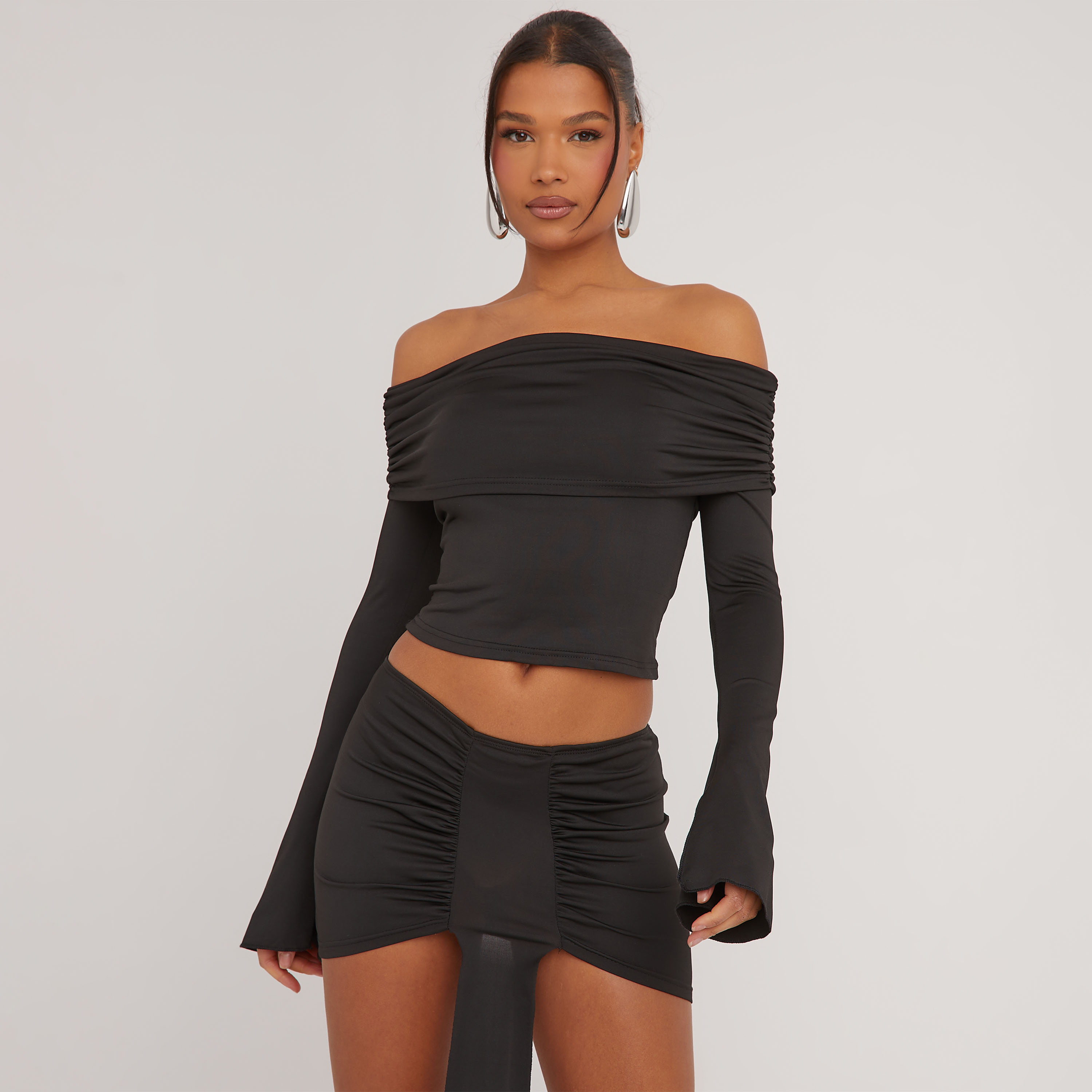 Ruched Detail Asymmetric Crop Top And Low Rise Foldover Waistband